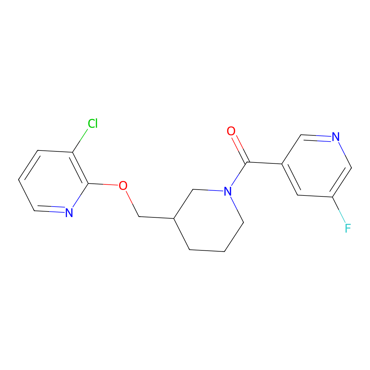 3-(3-{[(3-Chloropyridin-2-yl)oxy]methyl}piperidine-1-carbonyl)-5-fluoropyridine molecular structure, CAS 2770602-03-2
