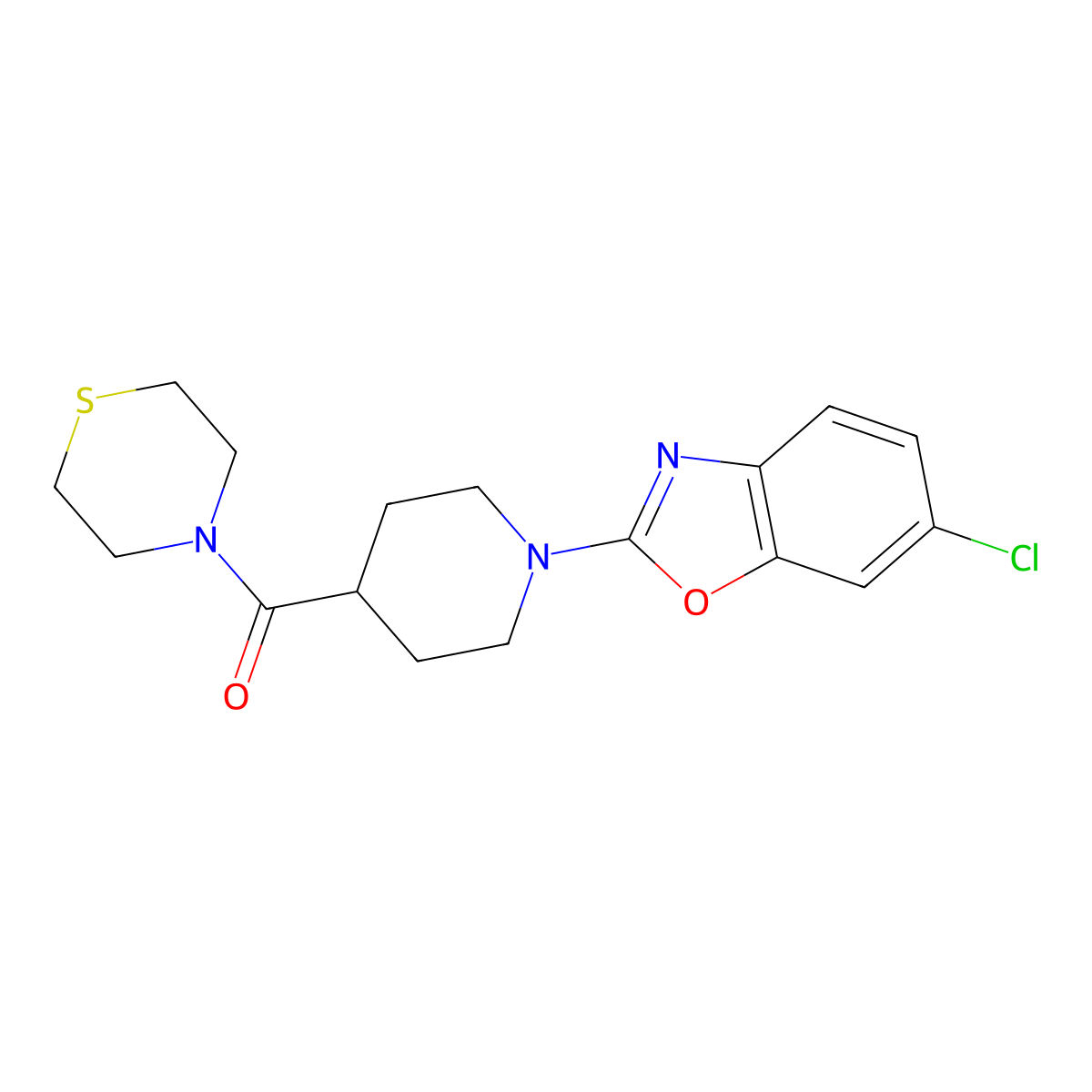 6-Chloro-2-[4-(thiomorpholine-4-carbonyl)piperidin-1-yl]-1,3-benzoxazole molecular structure, CAS 2770602-11-2