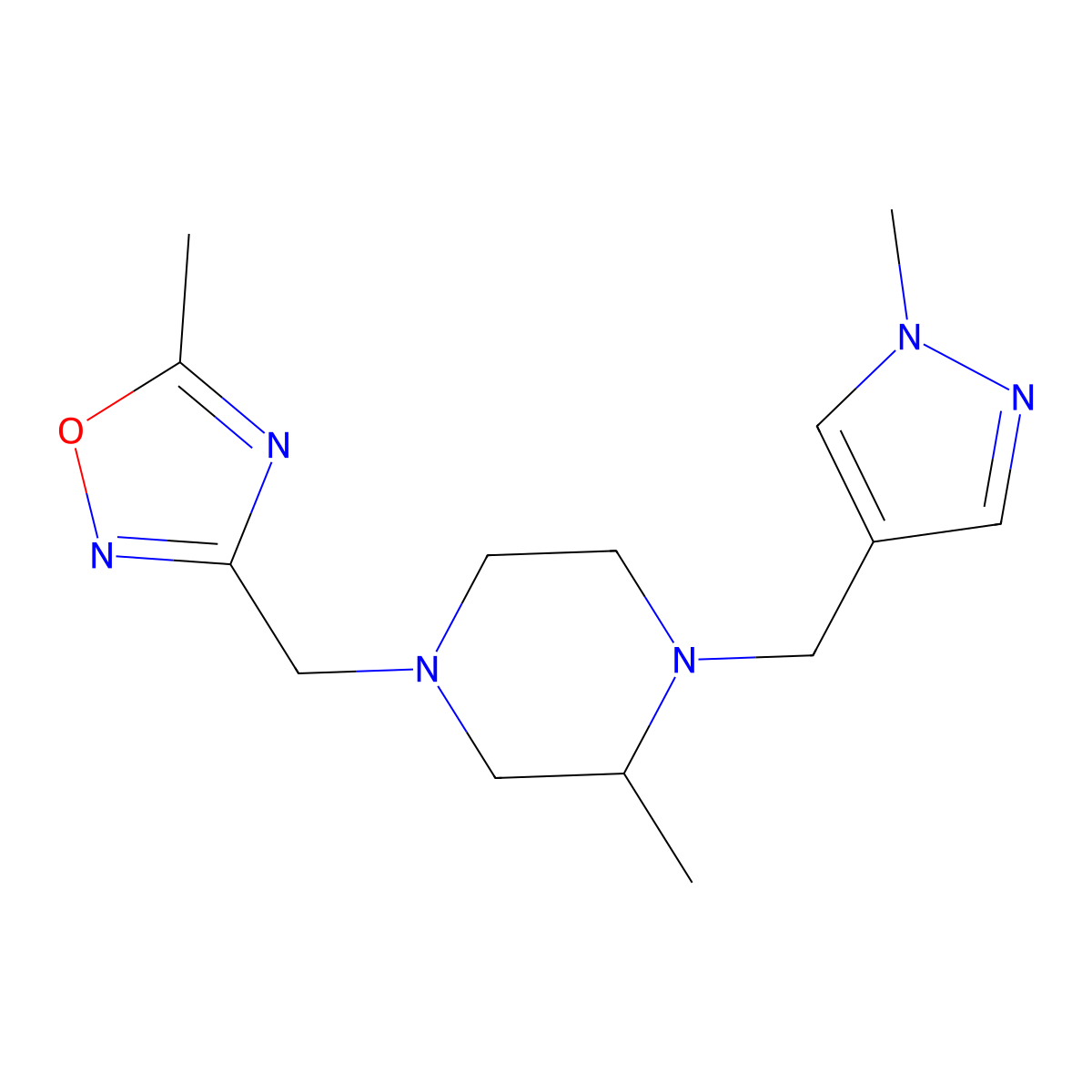 2-methyl-4-[(5-methyl-1,2,4-oxadiazol-3-yl)methyl]-1-[(1-methyl-1H-pyrazol-4-yl)methyl]piperazine molecular structure, CAS 2770602-14-5