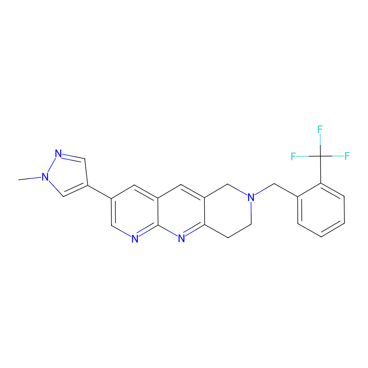 1-methyl-4-(7-{[2-(trifluoromethyl)phenyl]methyl}-6H,7H,8H,9H-pyrido[2,3-b]1,6-naphthyridin-3-yl)-1H-pyrazole molecular structure, CAS 2770602-21-4