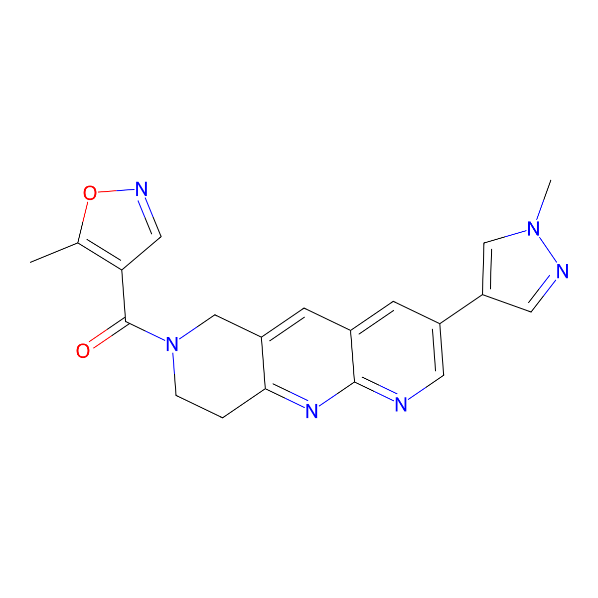5-methyl-4-[3-(1-methyl-1H-pyrazol-4-yl)-6H,7H,8H,9H-pyrido[2,3-b]1,6-naphthyridine-7-carbonyl]-1,2-oxazole molecular structure, CAS 2770602-23-6