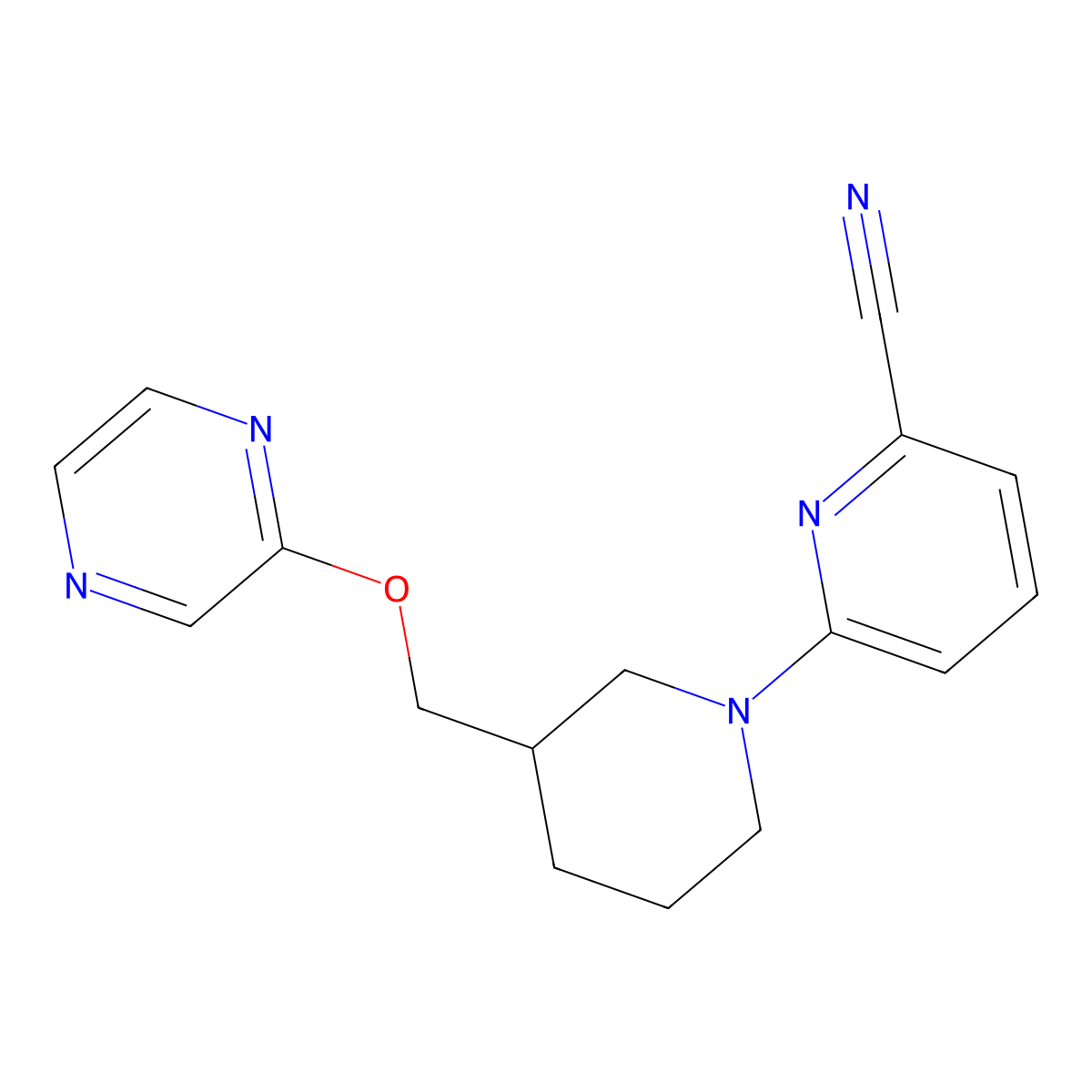 6-{3-[(Pyrazin-2-yloxy)methyl]piperidin-1-yl}pyridine-2-carbonitrile molecular structure, CAS 2770602-26-9