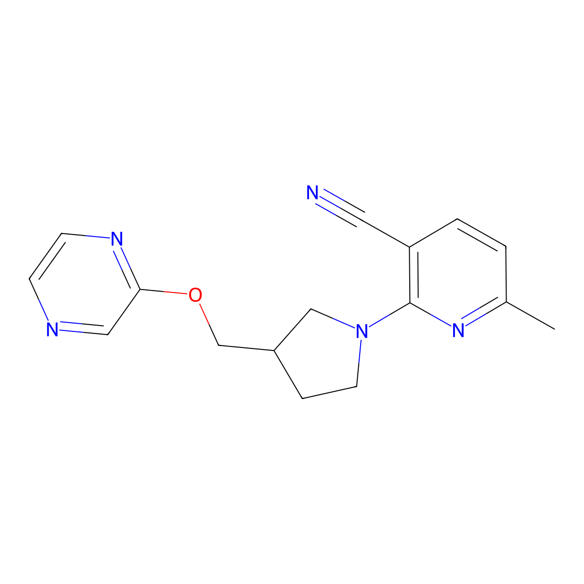 6-Methyl-2-{3-[(pyrazin-2-yloxy)methyl]pyrrolidin-1-yl}pyridine-3-carbonitrile molecular structure, CAS 2770602-27-0