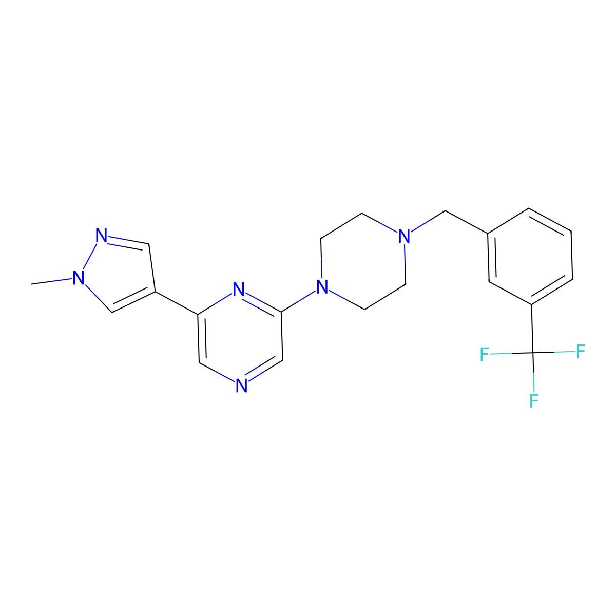 2-(1-methyl-1H-pyrazol-4-yl)-6-(4-{[3-(trifluoromethyl)phenyl]methyl}piperazin-1-yl)pyrazine molecular structure, CAS 2770602-32-7