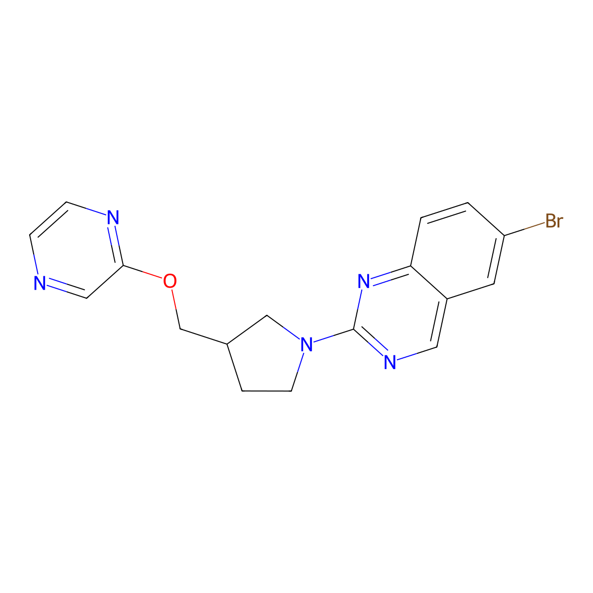 6-Bromo-2-{3-[(pyrazin-2-yloxy)methyl]pyrrolidin-1-yl}quinazoline molecular structure, CAS 2770602-33-8