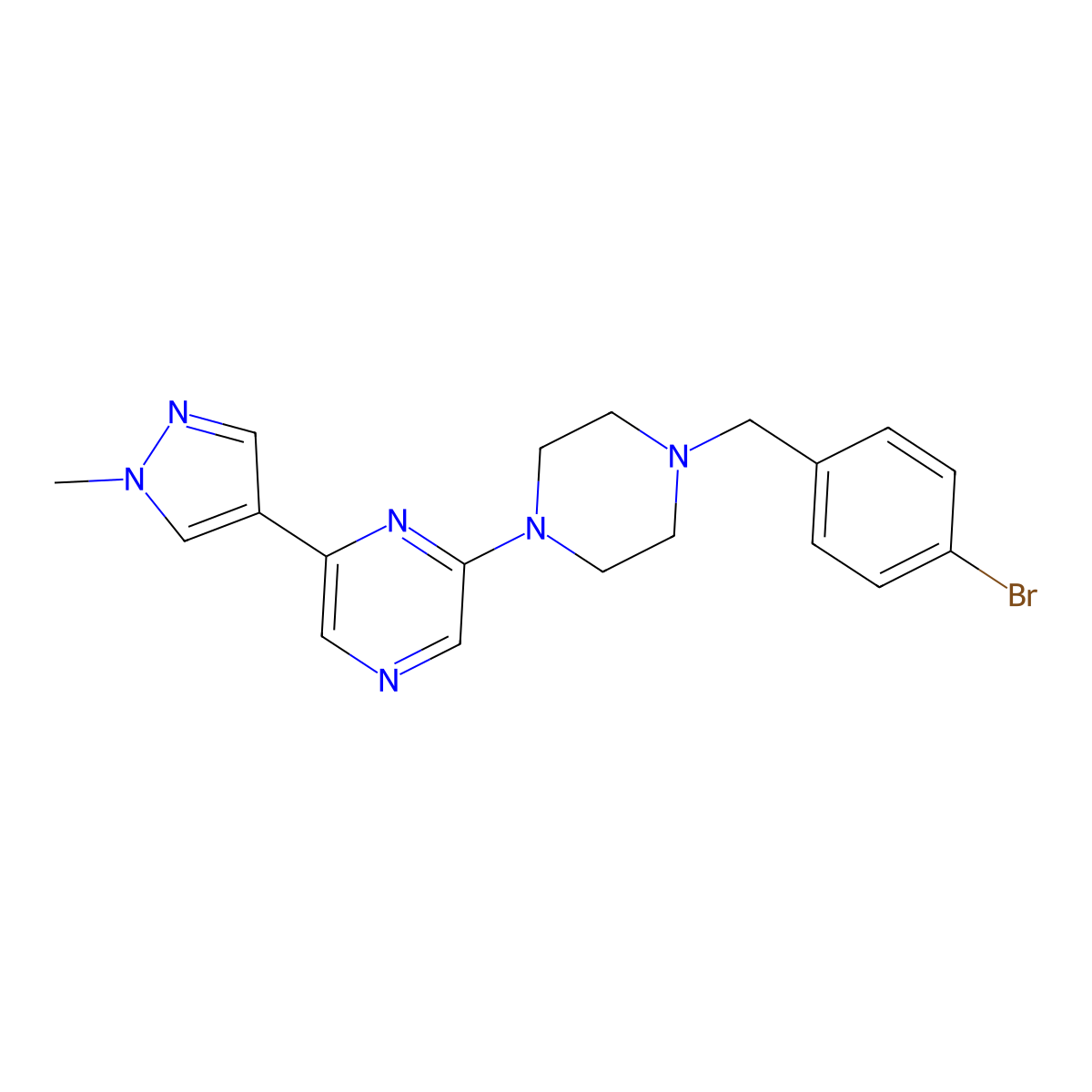 2-{4-[(4-bromophenyl)methyl]piperazin-1-yl}-6-(1-methyl-1H-pyrazol-4-yl)pyrazine molecular structure, CAS 2770602-35-0