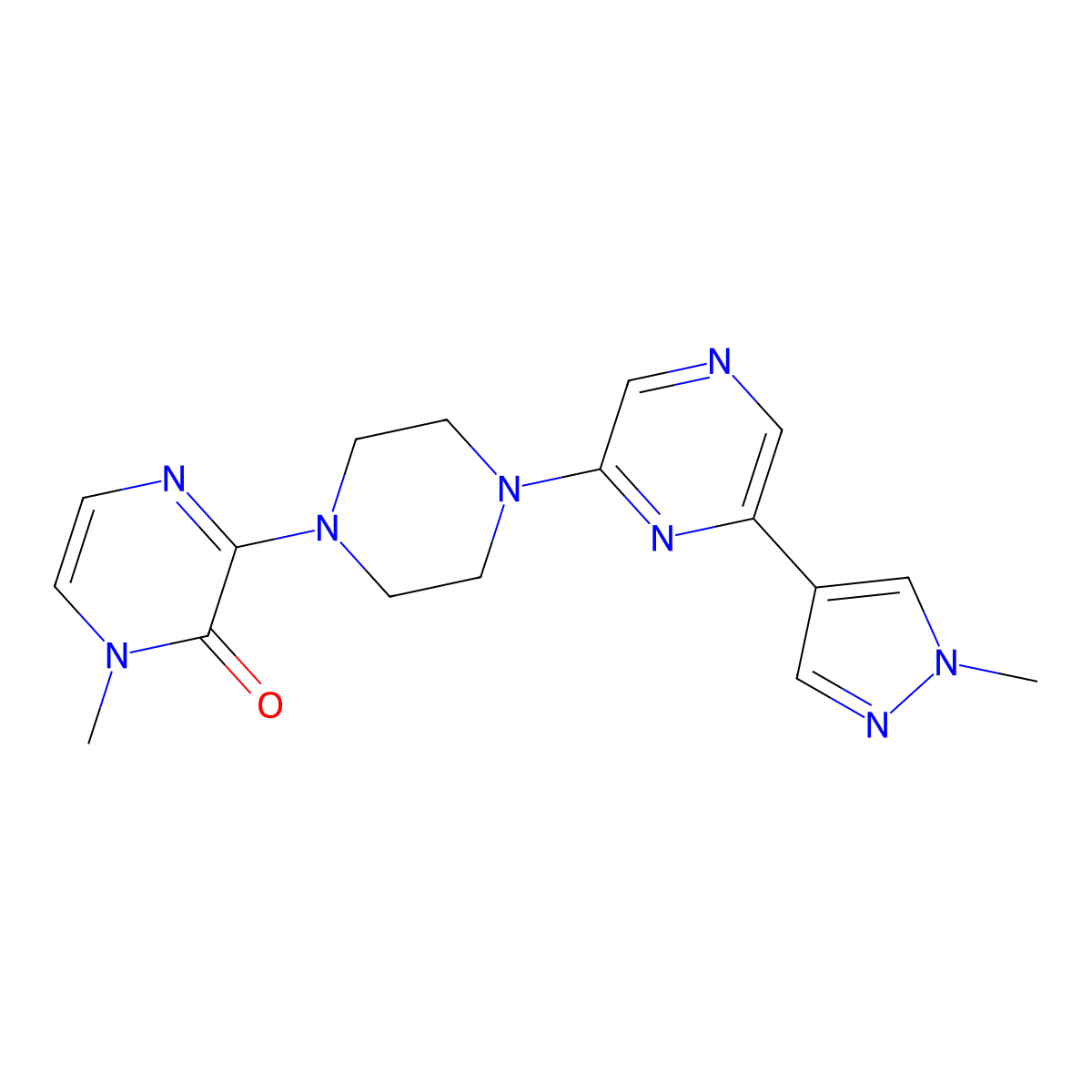 1-methyl-3-{4-[6-(1-methyl-1H-pyrazol-4-yl)pyrazin-2-yl]piperazin-1-yl}-1,2-dihydropyrazin-2-one molecular structure, CAS 2770602-37-2