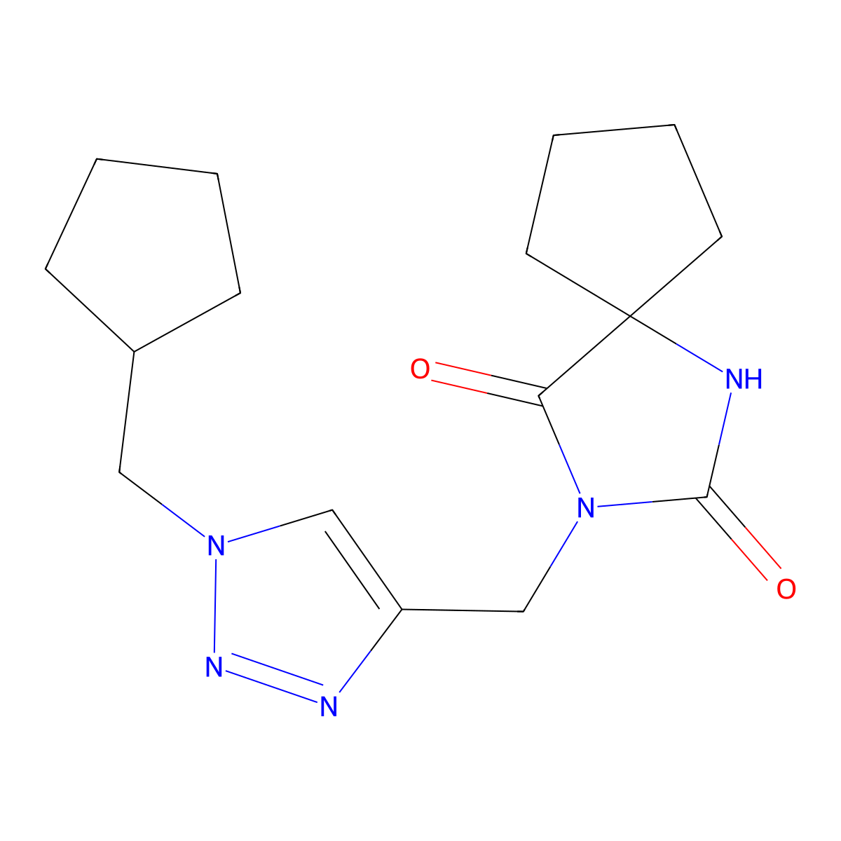 3-{[1-(cyclopentylmethyl)-1H-1,2,3-triazol-4-yl]methyl}-1,3-diazaspiro[4.4]nonane-2,4-dione molecular structure, CAS 2770602-47-4