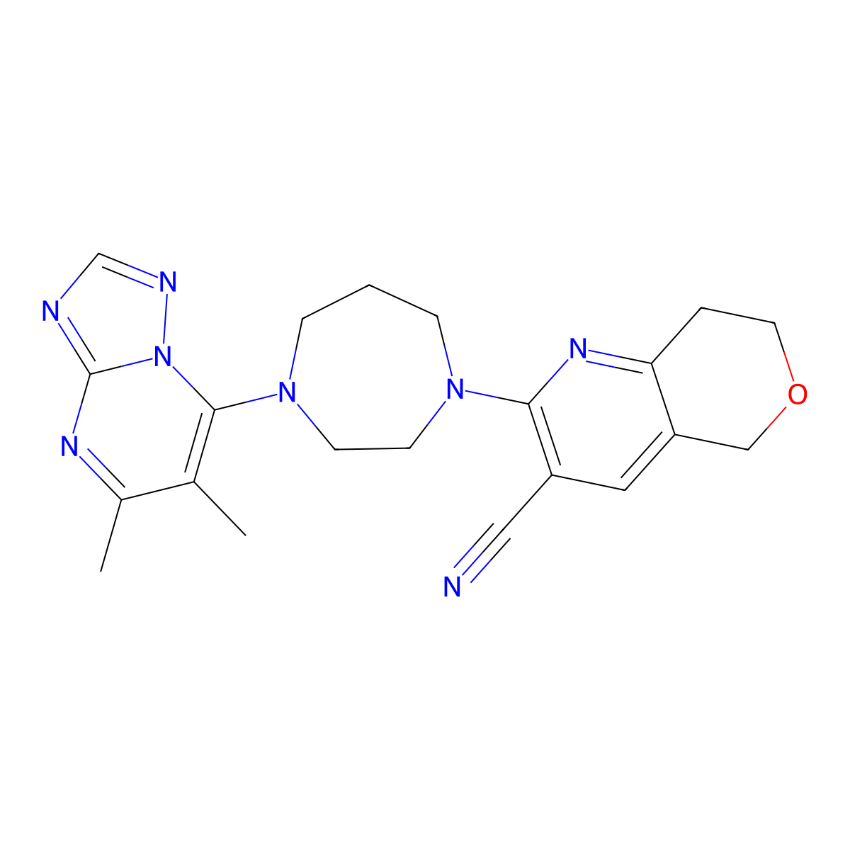2-(4-{5,6-dimethyl-[1,2,4]triazolo[1,5-a]pyrimidin-7-yl}-1,4-diazepan-1-yl)-5H,7H,8H-pyrano[4,3-b]pyridine-3-carbonitrile molecular structure, CAS 2770602-56-5