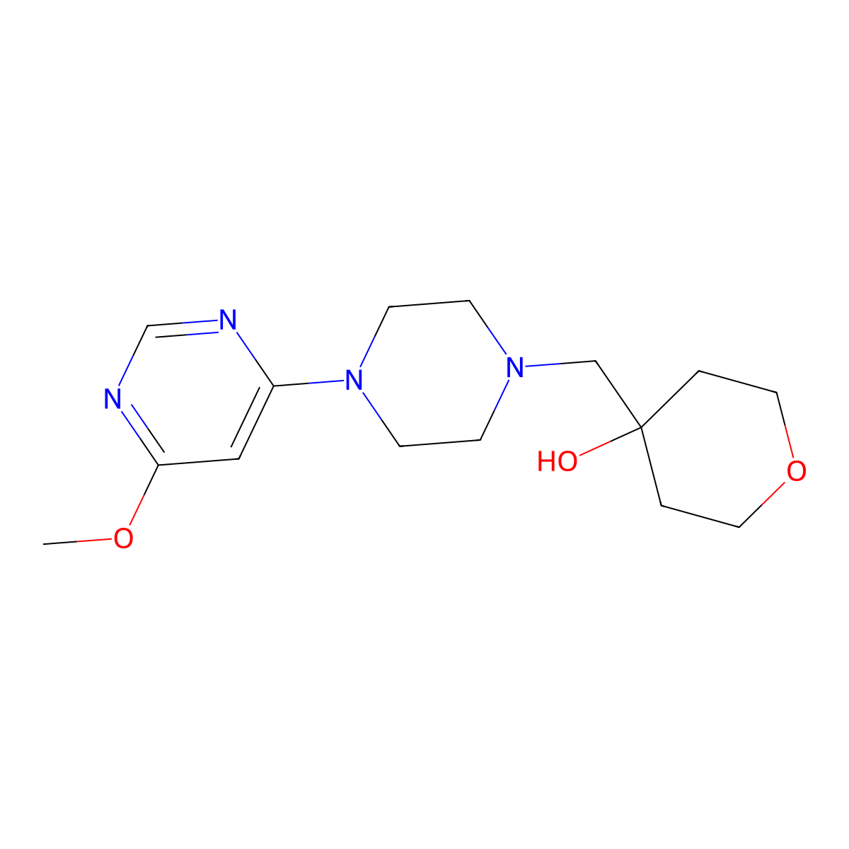 4-{[4-(6-Methoxypyrimidin-4-yl)piperazin-1-yl]methyl}oxan-4-ol molecular structure, CAS 2770602-59-8