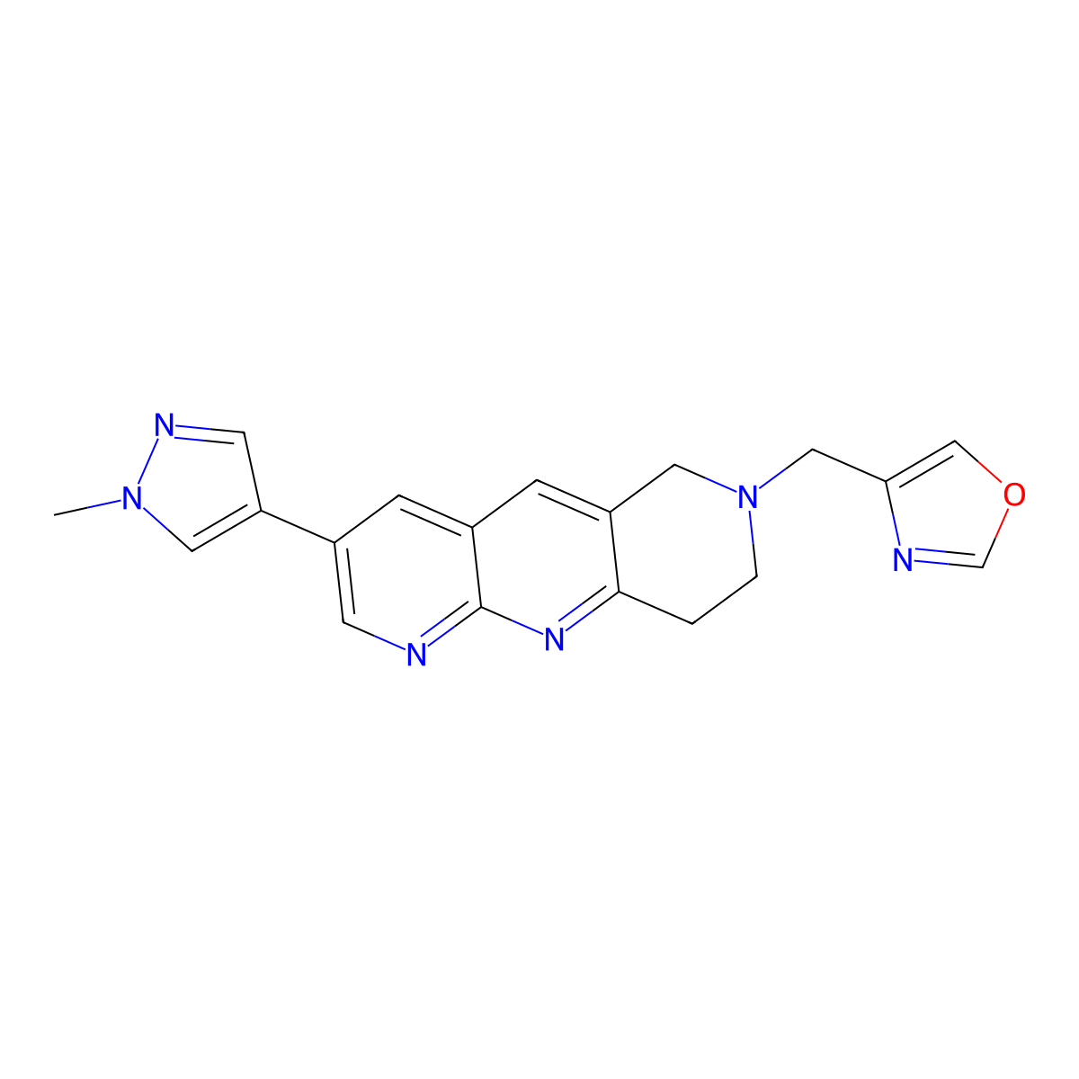 4-{[3-(1-methyl-1H-pyrazol-4-yl)-6H,7H,8H,9H-pyrido[2,3-b]1,6-naphthyridin-7-yl]methyl}-1,3-oxazole molecular structure, CAS 2770602-60-1