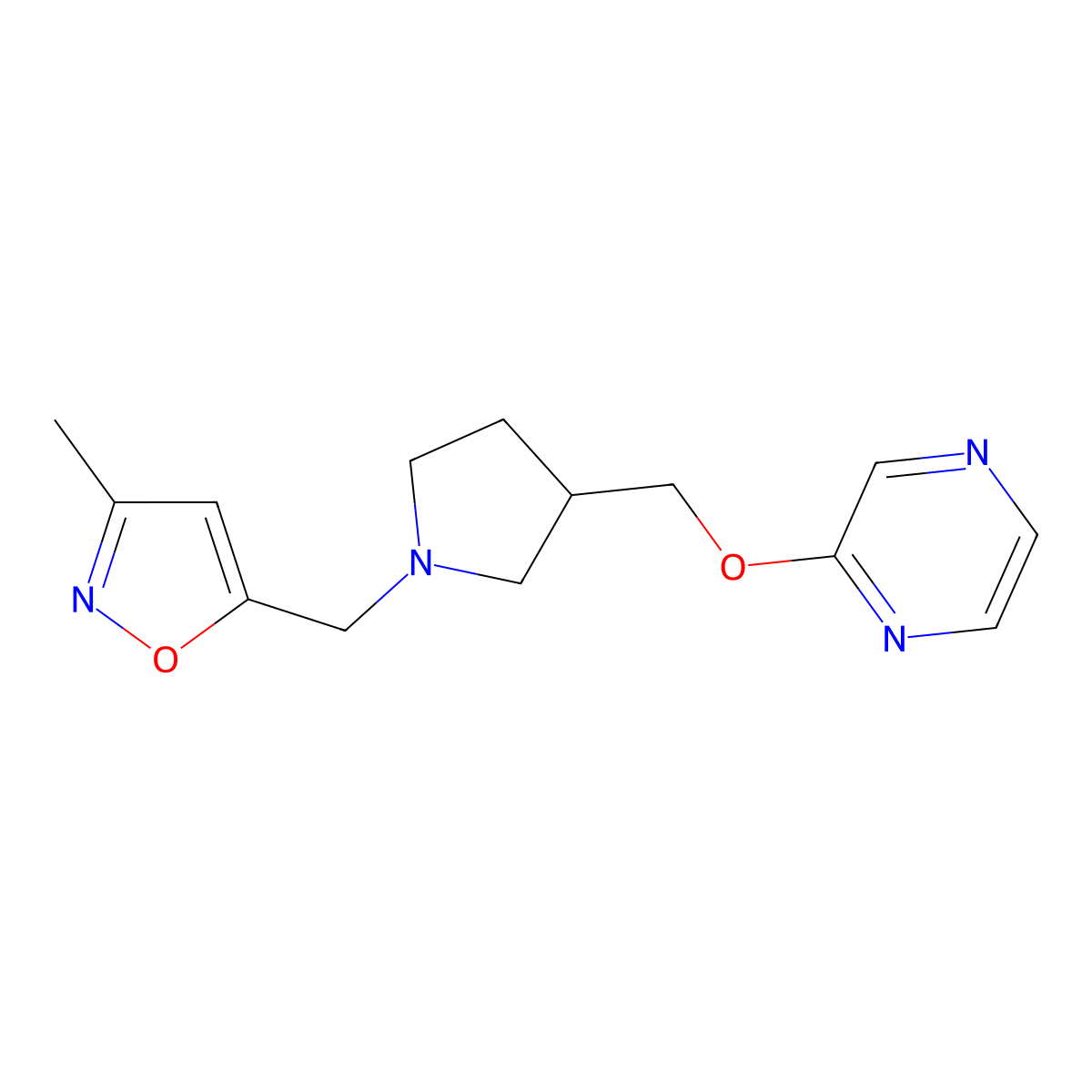 2-({1-[(3-Methyl-1,2-oxazol-5-yl)methyl]pyrrolidin-3-yl}methoxy)pyrazine molecular structure, CAS 2770602-70-3