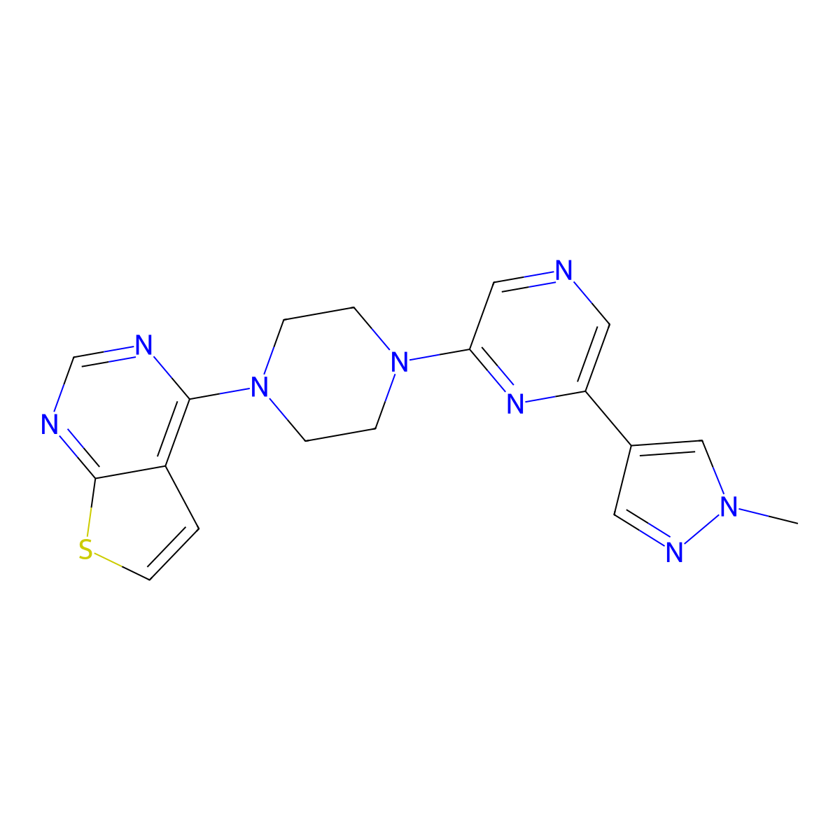 2-(1-methyl-1H-pyrazol-4-yl)-6-(4-{thieno[2,3-d]pyrimidin-4-yl}piperazin-1-yl)pyrazine molecular structure, CAS 2770602-82-7