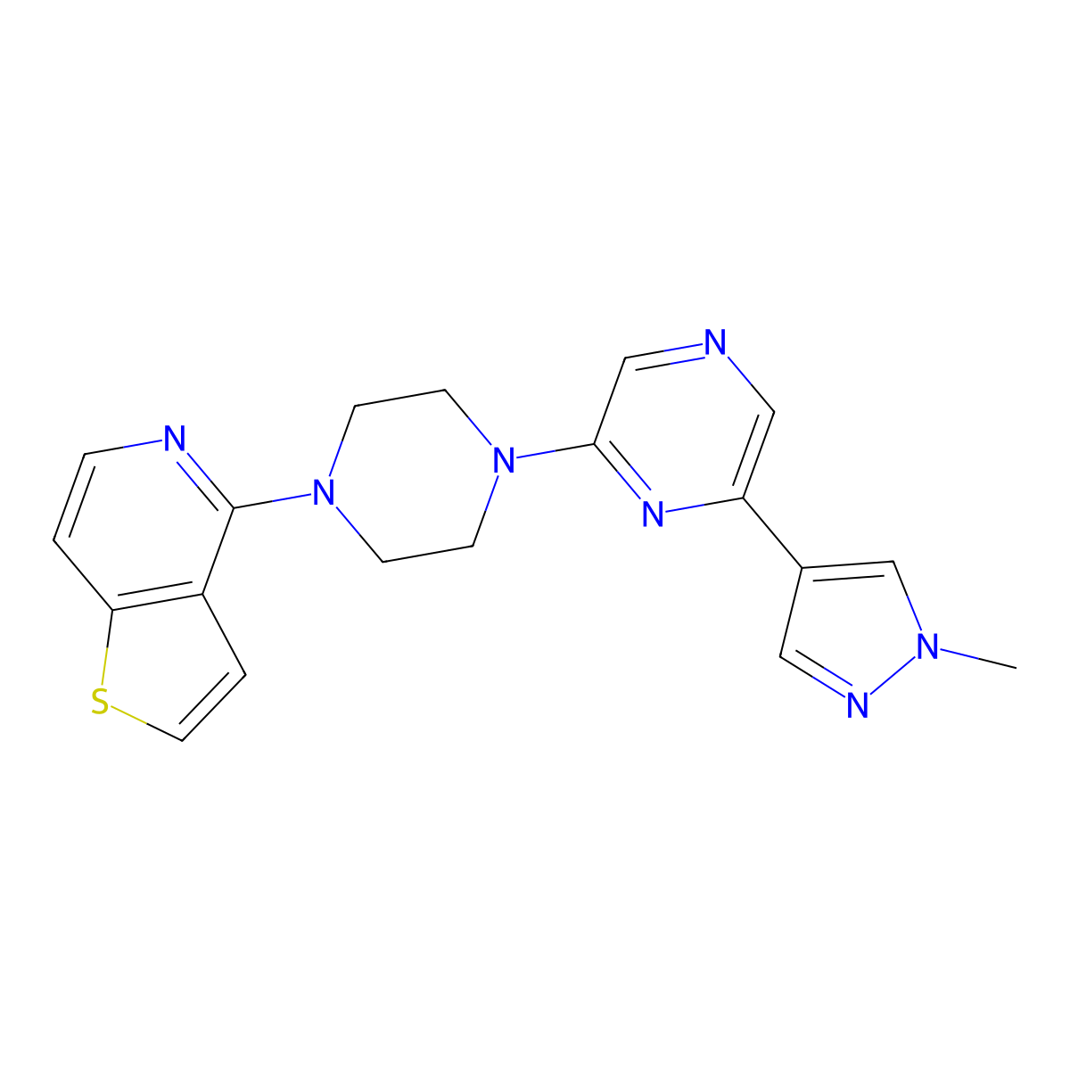 2-(1-methyl-1H-pyrazol-4-yl)-6-(4-{thieno[3,2-c]pyridin-4-yl}piperazin-1-yl)pyrazine molecular structure, CAS 2770602-83-8