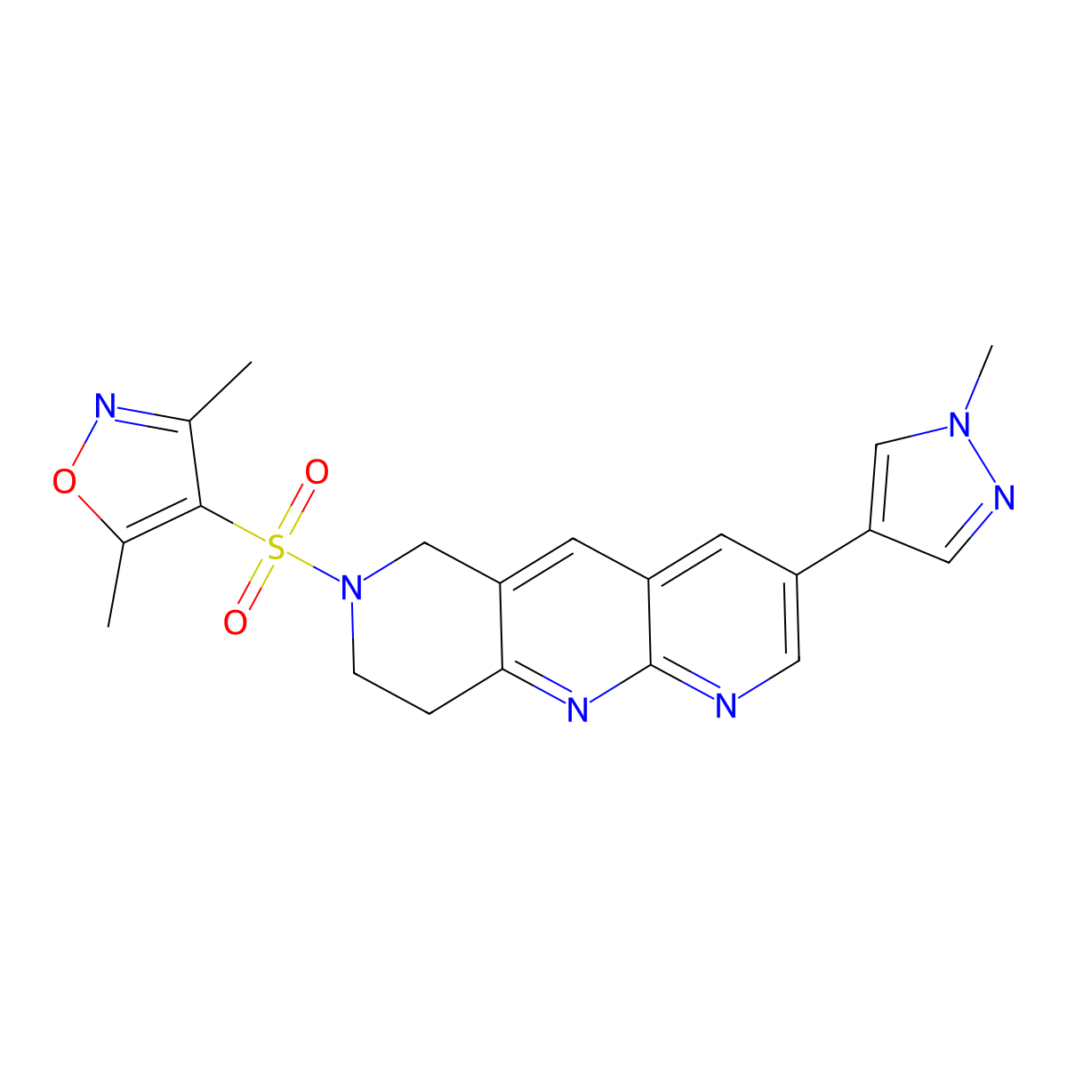 3,5-dimethyl-4-{[3-(1-methyl-1H-pyrazol-4-yl)-6H,7H,8H,9H-pyrido[2,3-b]1,6-naphthyridin-7-yl]sulfonyl}-1,2-oxazole molecular structure, CAS 2770602-84-9