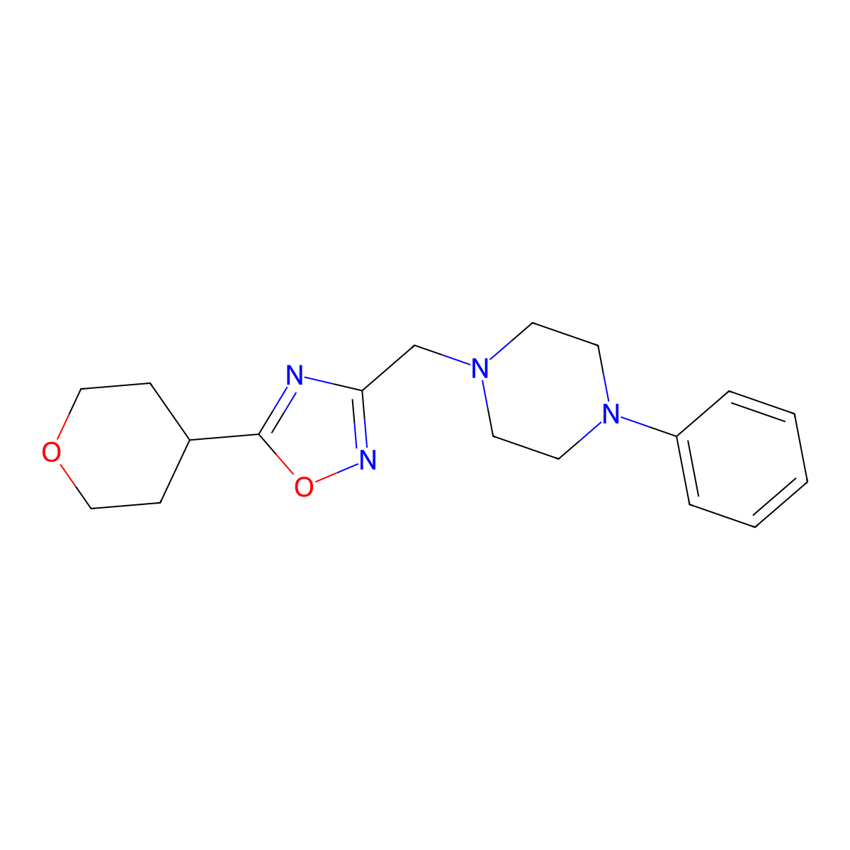 1-{[5-(Oxan-4-yl)-1,2,4-oxadiazol-3-yl]methyl}-4-phenylpiperazine molecular structure, CAS 2770602-88-3