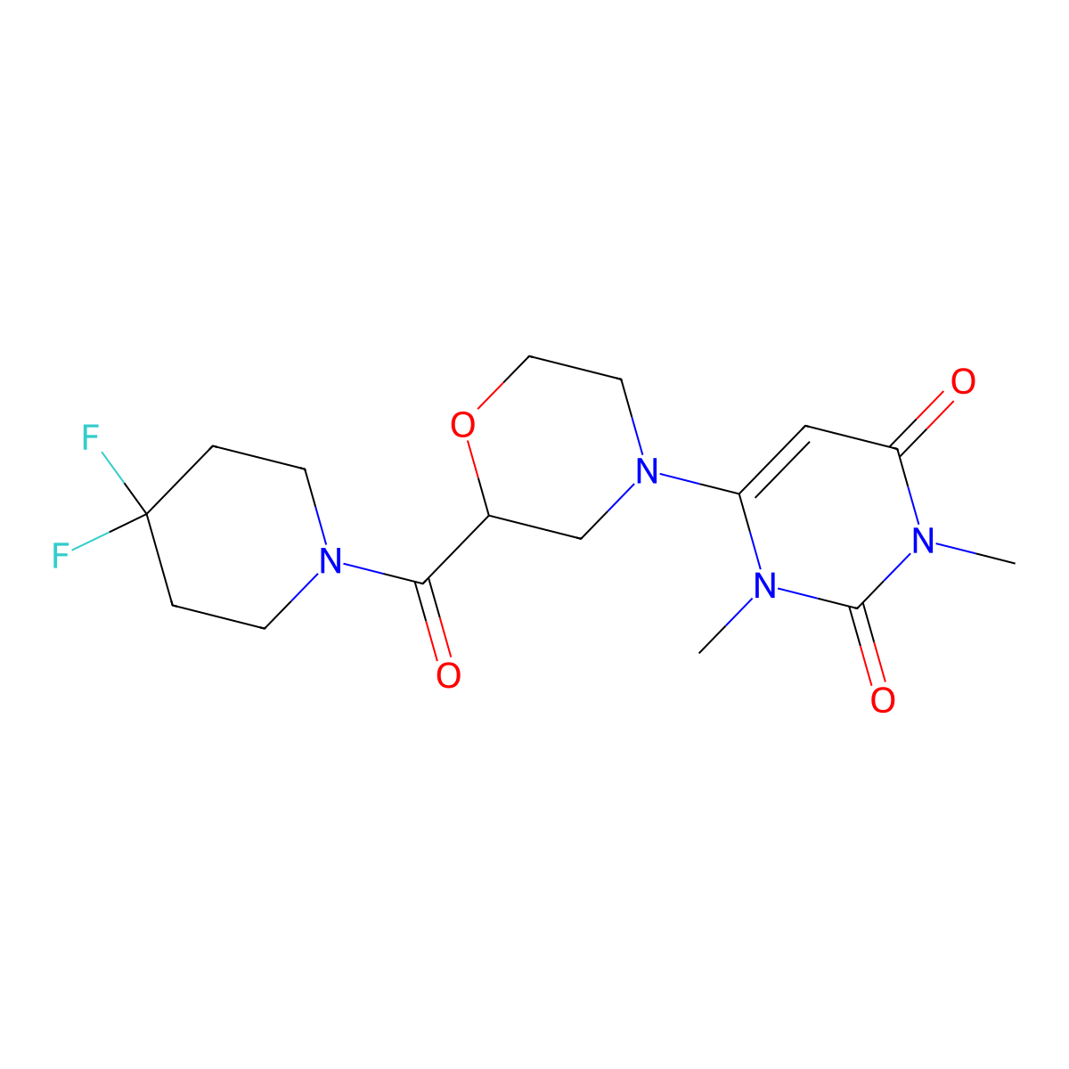 6-[2-(4,4-Difluoropiperidine-1-carbonyl)morpholin-4-yl]-1,3-dimethyl-1,2,3,4-tetrahydropyrimidine-2,4-dione molecular structure, CAS 2770602-91-8