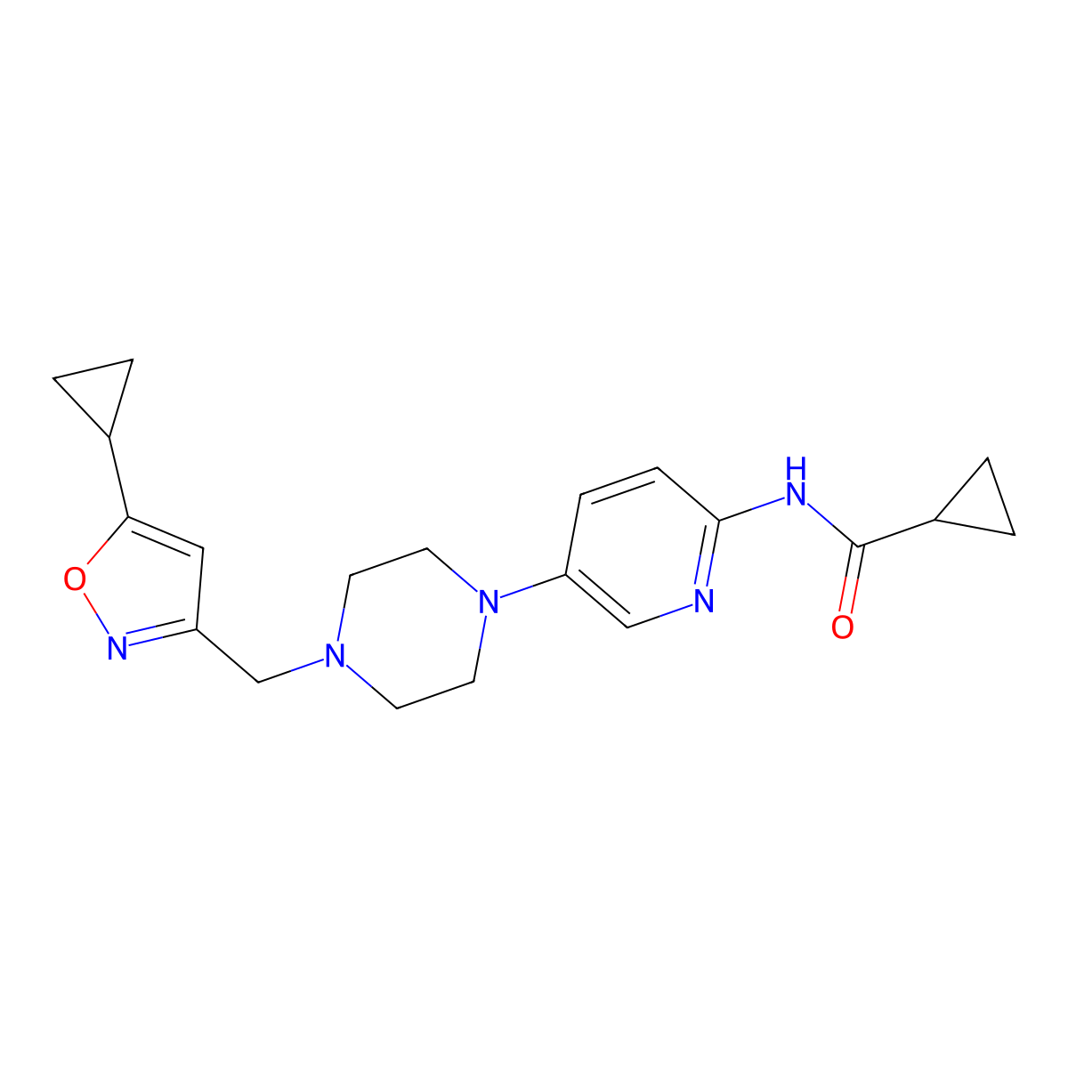 N-(5-{4-[(5-cyclopropyl-1,2-oxazol-3-yl)methyl]piperazin-1-yl}pyridin-2-yl)cyclopropanecarboxamide molecular structure, CAS 2770602-92-9