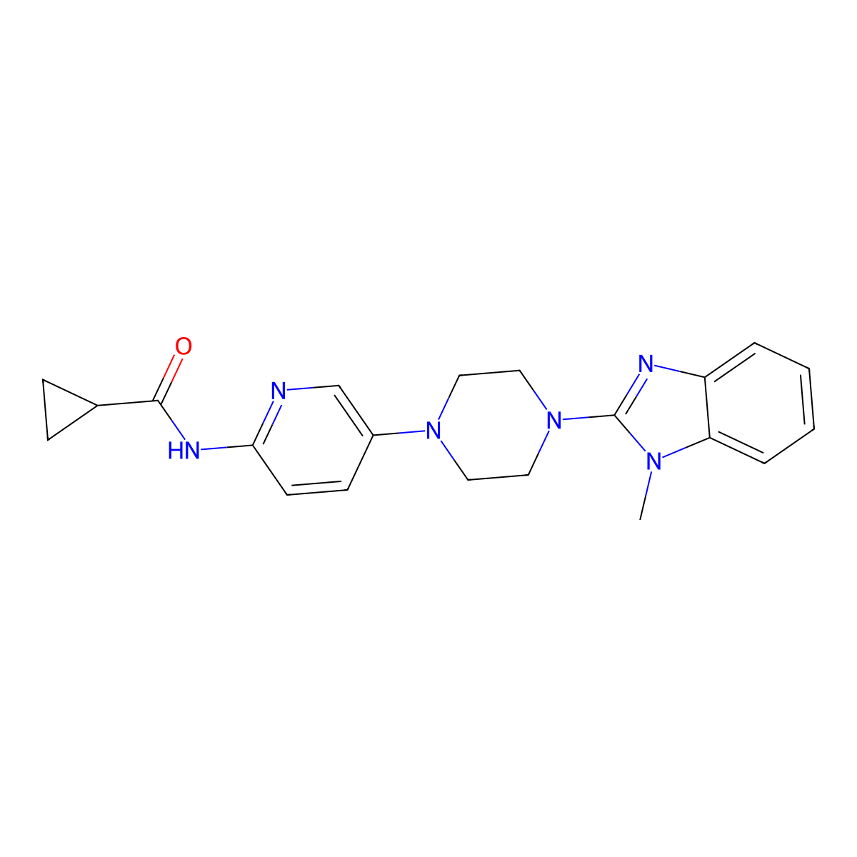 N-{5-[4-(1-methyl-1H-1,3-benzodiazol-2-yl)piperazin-1-yl]pyridin-2-yl}cyclopropanecarboxamide molecular structure, CAS 2770602-99-6