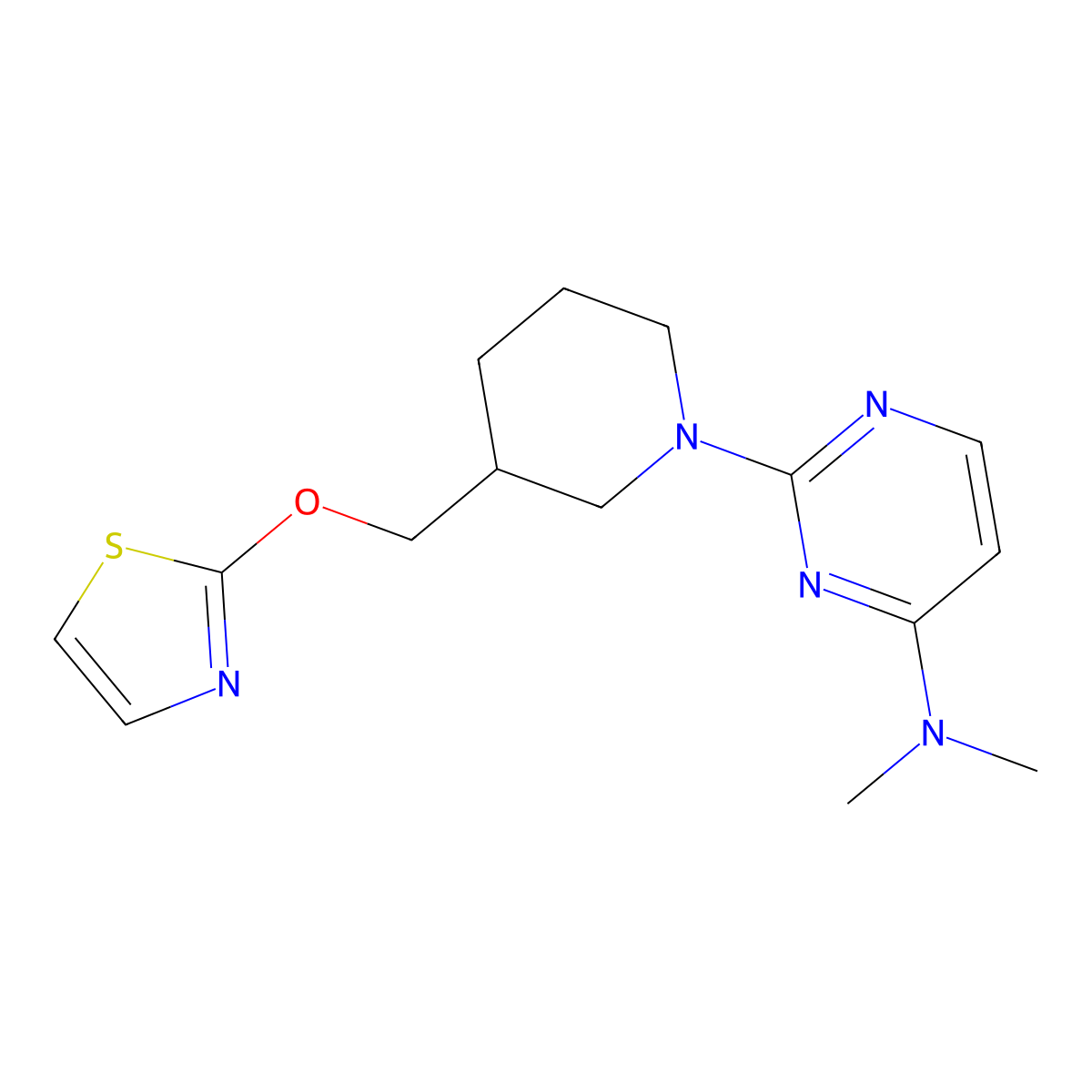 N,N-dimethyl-2-{3-[(1,3-thiazol-2-yloxy)methyl]piperidin-1-yl}pyrimidin-4-amine molecular structure, CAS 2770603-15-9