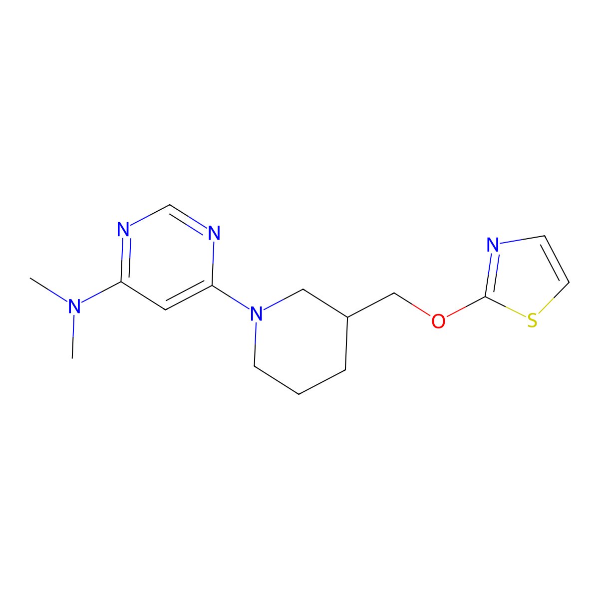 N,N-dimethyl-6-{3-[(1,3-thiazol-2-yloxy)methyl]piperidin-1-yl}pyrimidin-4-amine molecular structure, CAS 2770603-18-2