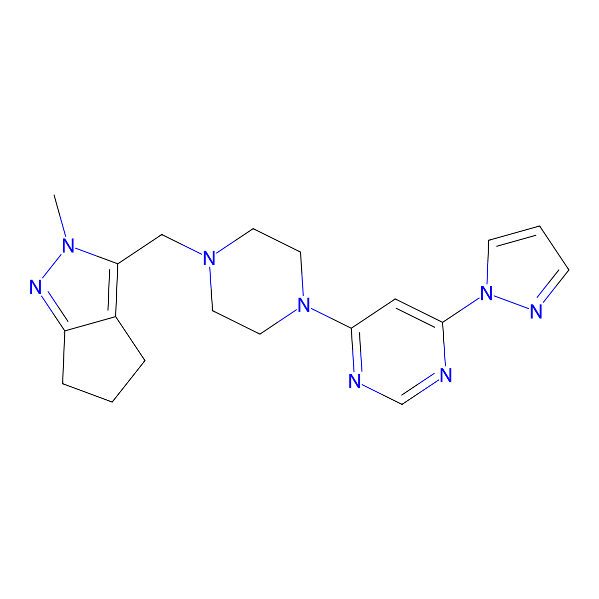 4-[4-({2-methyl-2H,4H,5H,6H-cyclopenta[c]pyrazol-3-yl}methyl)piperazin-1-yl]-6-(1H-pyrazol-1-yl)pyrimidine molecular structure, CAS 2770603-25-1