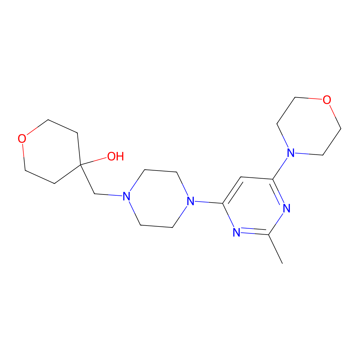 4-({4-[2-Methyl-6-(morpholin-4-yl)pyrimidin-4-yl]piperazin-1-yl}methyl)oxan-4-ol molecular structure, CAS 2770603-26-2
