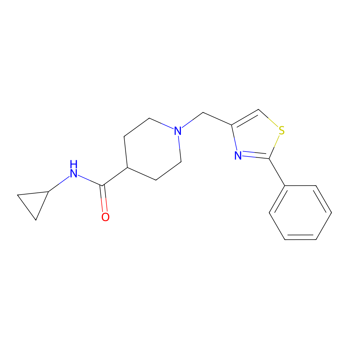 N-cyclopropyl-1-[(2-phenyl-1,3-thiazol-4-yl)methyl]piperidine-4-carboxamide molecular structure, CAS 2770603-27-3