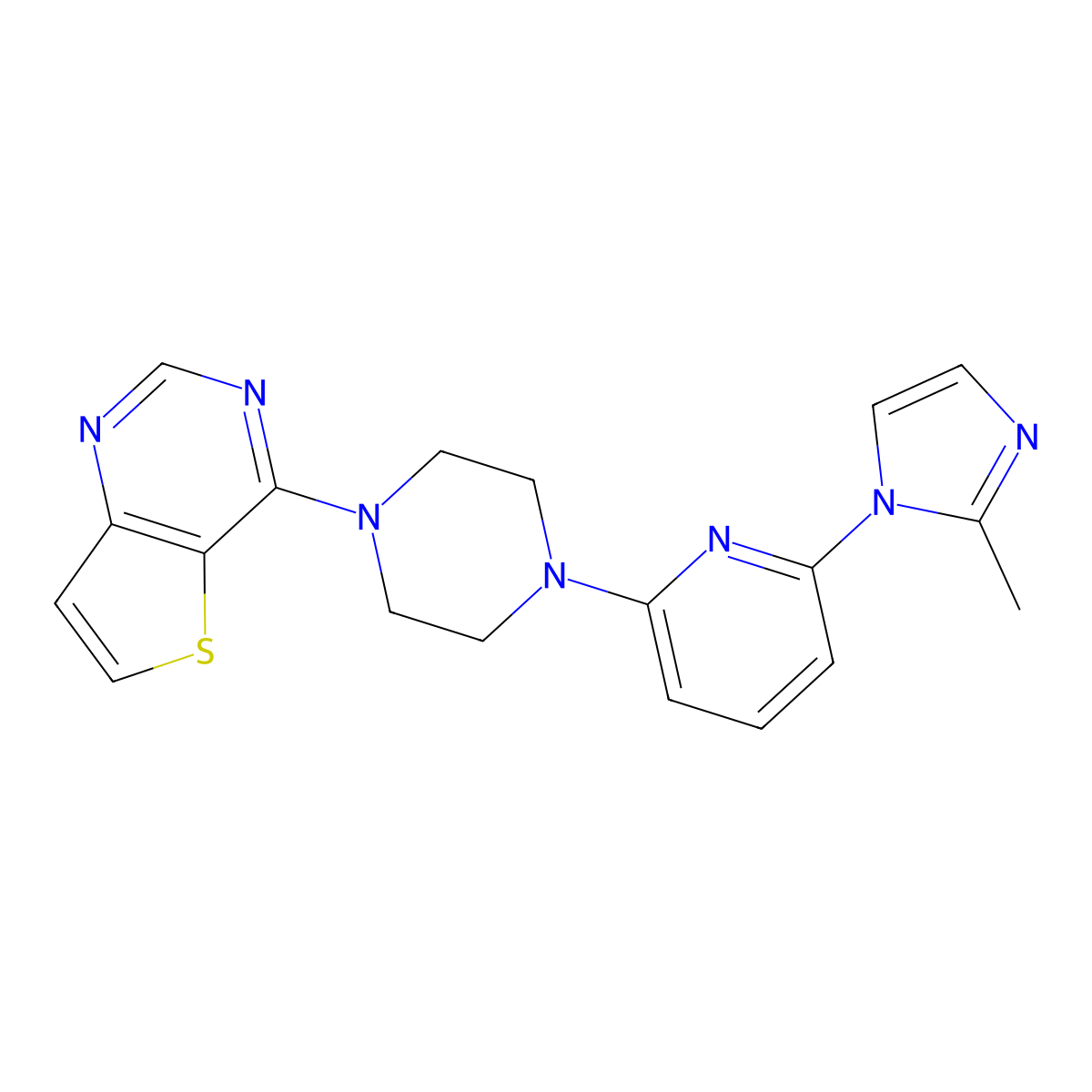 1-[6-(2-methyl-1H-imidazol-1-yl)pyridin-2-yl]-4-{thieno[3,2-d]pyrimidin-4-yl}piperazine molecular structure, CAS 2770603-34-2