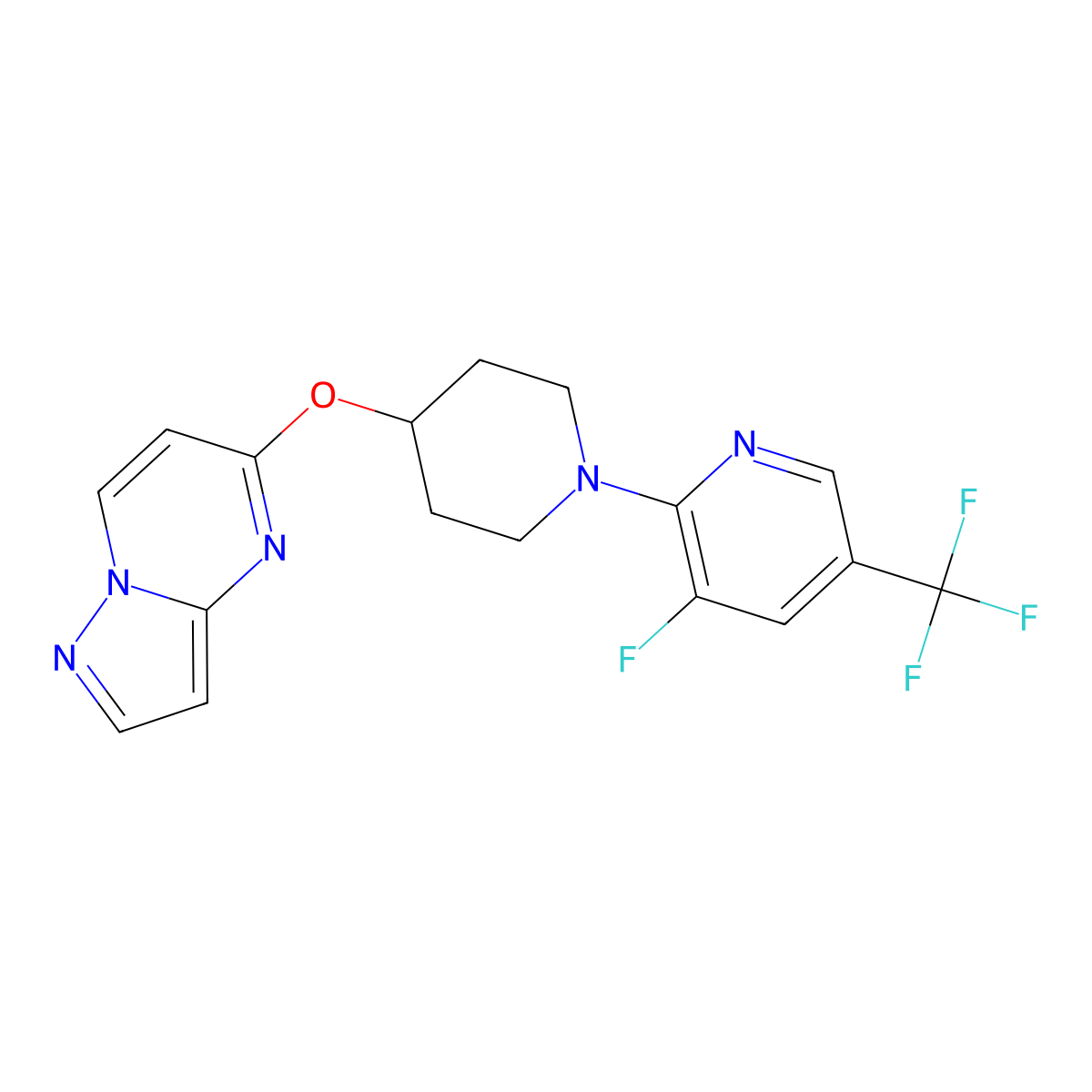 3-Fluoro-2-(4-{pyrazolo[1,5-a]pyrimidin-5-yloxy}piperidin-1-yl)-5-(trifluoromethyl)pyridine molecular structure, CAS 2770603-44-4