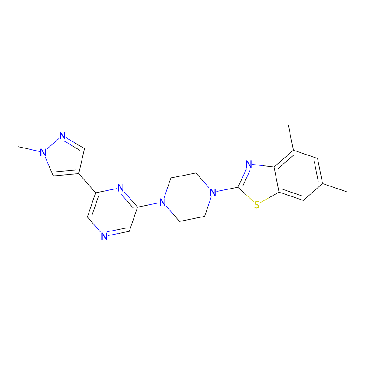 4,6-dimethyl-2-{4-[6-(1-methyl-1H-pyrazol-4-yl)pyrazin-2-yl]piperazin-1-yl}-1,3-benzothiazole molecular structure, CAS 2770603-50-2