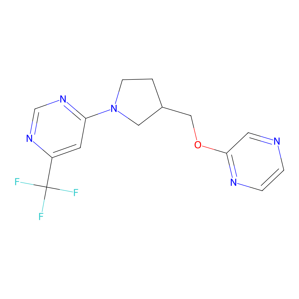 4-{3-[(Pyrazin-2-yloxy)methyl]pyrrolidin-1-yl}-6-(trifluoromethyl)pyrimidine molecular structure, CAS 2770603-51-3