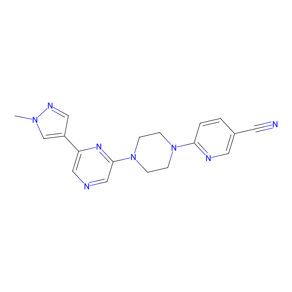 6-{4-[6-(1-methyl-1H-pyrazol-4-yl)pyrazin-2-yl]piperazin-1-yl}pyridine-3-carbonitrile molecular structure, CAS 2770603-53-5