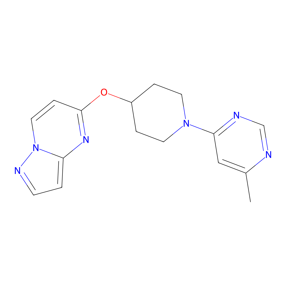 4-Methyl-6-(4-{pyrazolo[1,5-a]pyrimidin-5-yloxy}piperidin-1-yl)pyrimidine molecular structure, CAS 2770603-54-6