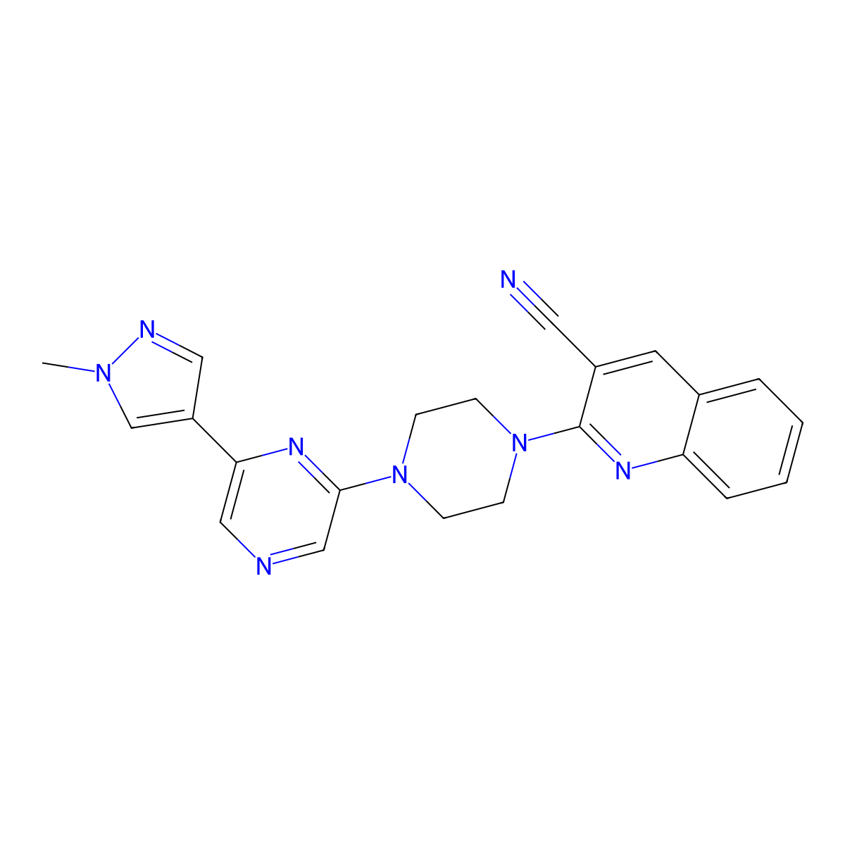 2-{4-[6-(1-methyl-1H-pyrazol-4-yl)pyrazin-2-yl]piperazin-1-yl}quinoline-3-carbonitrile molecular structure, CAS 2770603-58-0