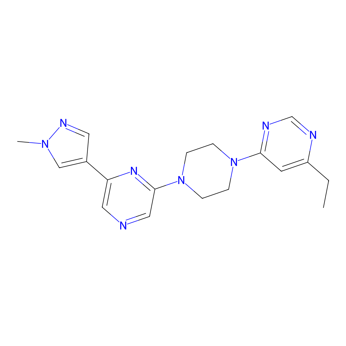 2-[4-(6-ethylpyrimidin-4-yl)piperazin-1-yl]-6-(1-methyl-1H-pyrazol-4-yl)pyrazine molecular structure, CAS 2770603-61-5