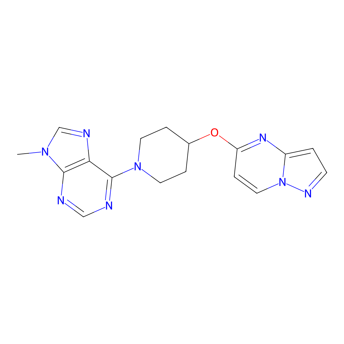 9-methyl-6-(4-{pyrazolo[1,5-a]pyrimidin-5-yloxy}piperidin-1-yl)-9H-purine molecular structure, CAS 2770603-70-6