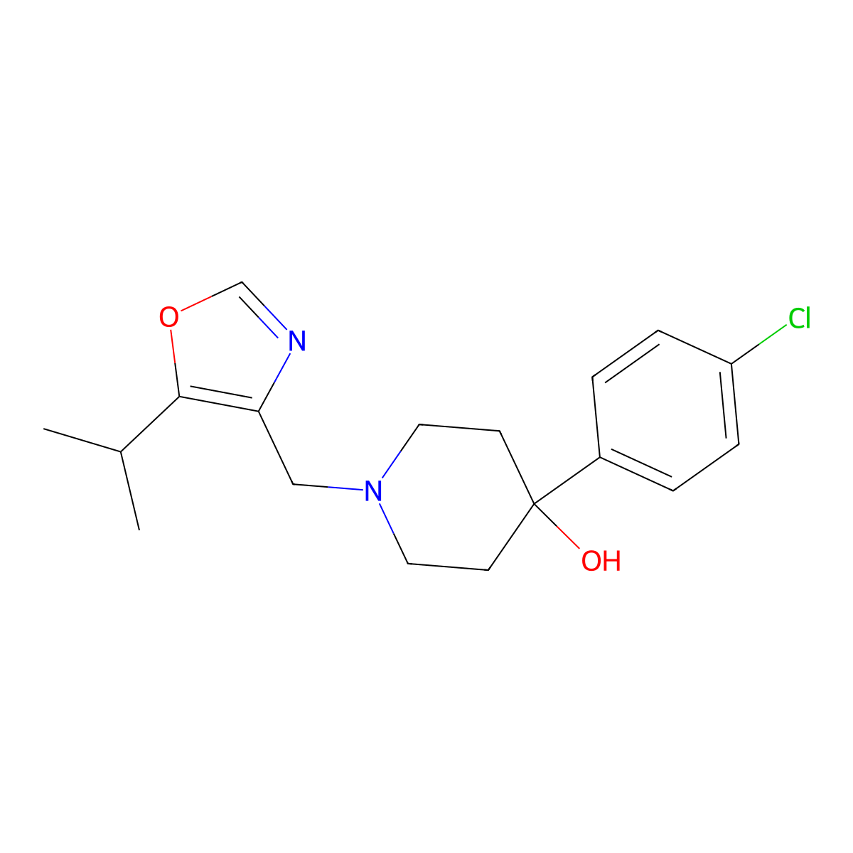 4-(4-Chlorophenyl)-1-{[5-(propan-2-yl)-1,3-oxazol-4-yl]methyl}piperidin-4-ol molecular structure, CAS 2770603-83-1