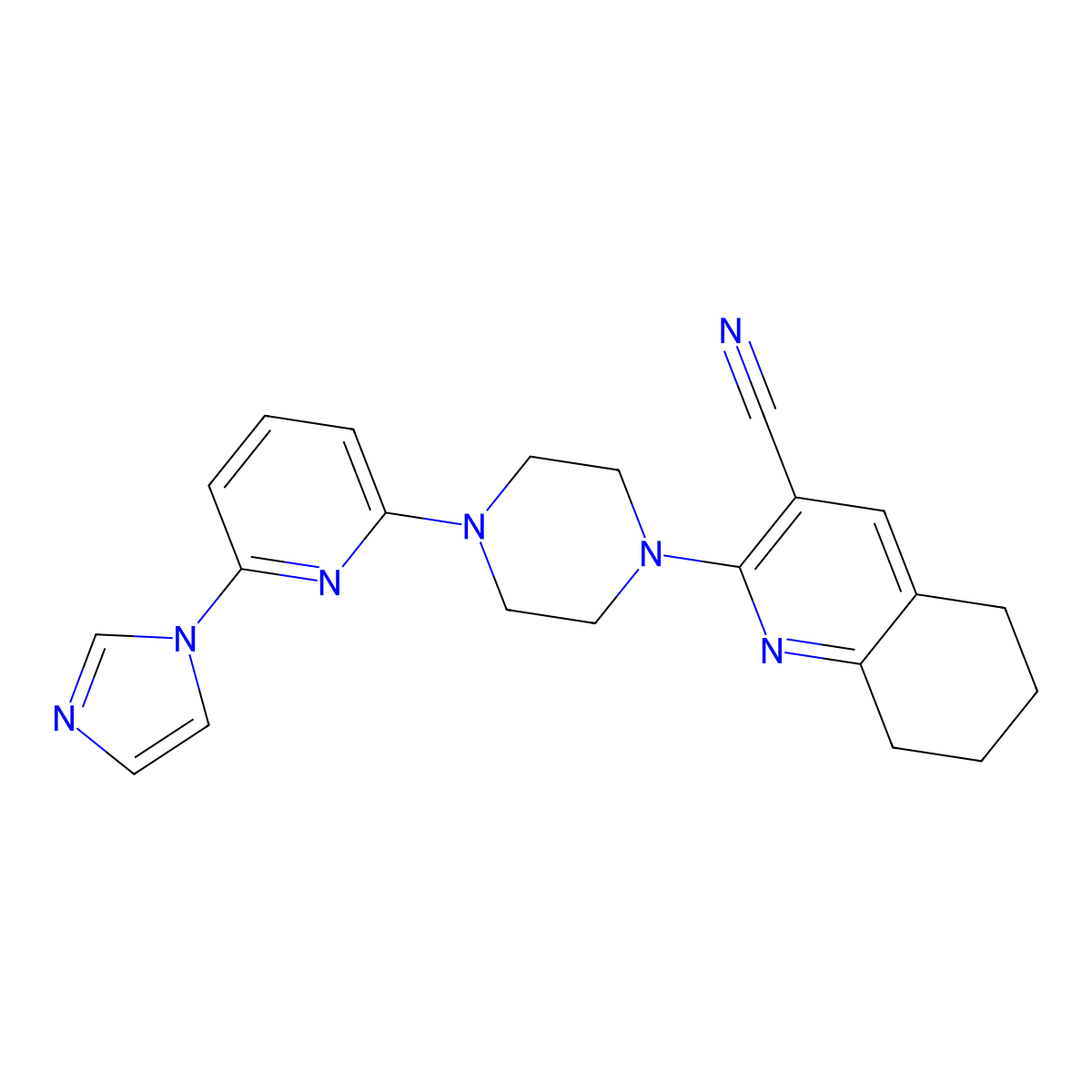 2-{4-[6-(1H-imidazol-1-yl)pyridin-2-yl]piperazin-1-yl}-5,6,7,8-tetrahydroquinoline-3-carbonitrile molecular structure, CAS 2770603-89-7