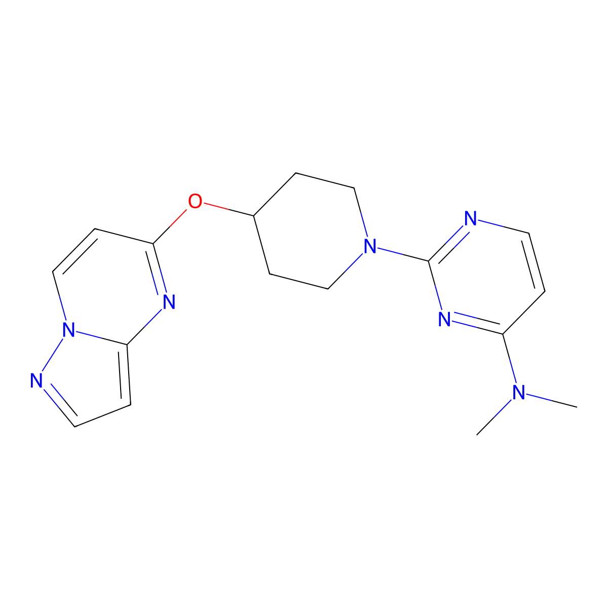 N,N-dimethyl-2-(4-{pyrazolo[1,5-a]pyrimidin-5-yloxy}piperidin-1-yl)pyrimidin-4-amine molecular structure, CAS 2770603-92-2