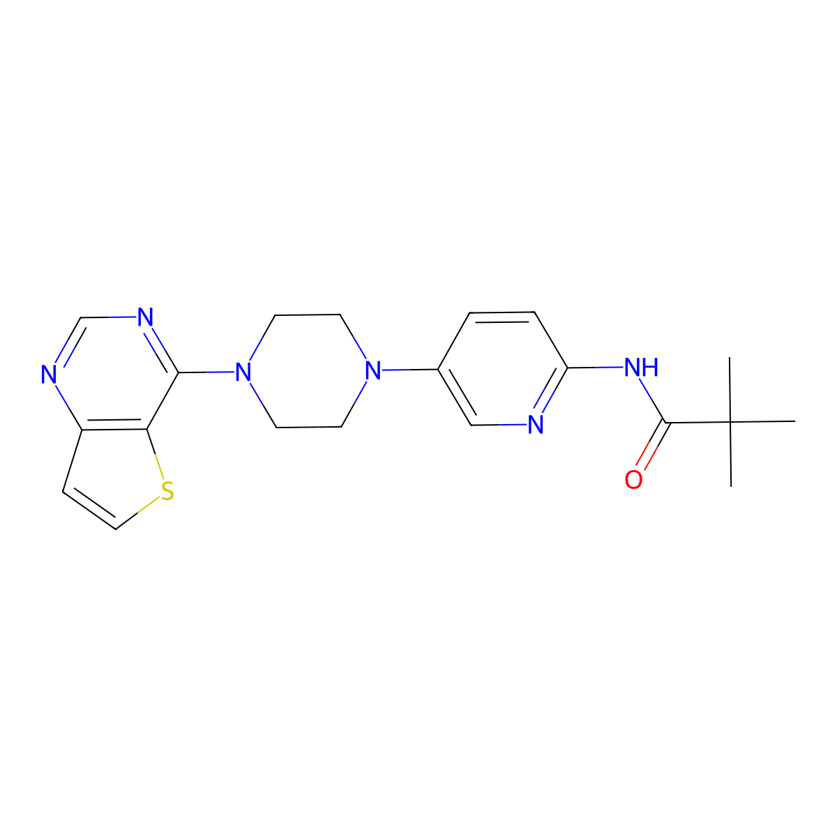 2,2-dimethyl-N-[5-(4-{thieno[3,2-d]pyrimidin-4-yl}piperazin-1-yl)pyridin-2-yl]propanamide molecular structure, CAS 2770604-27-6