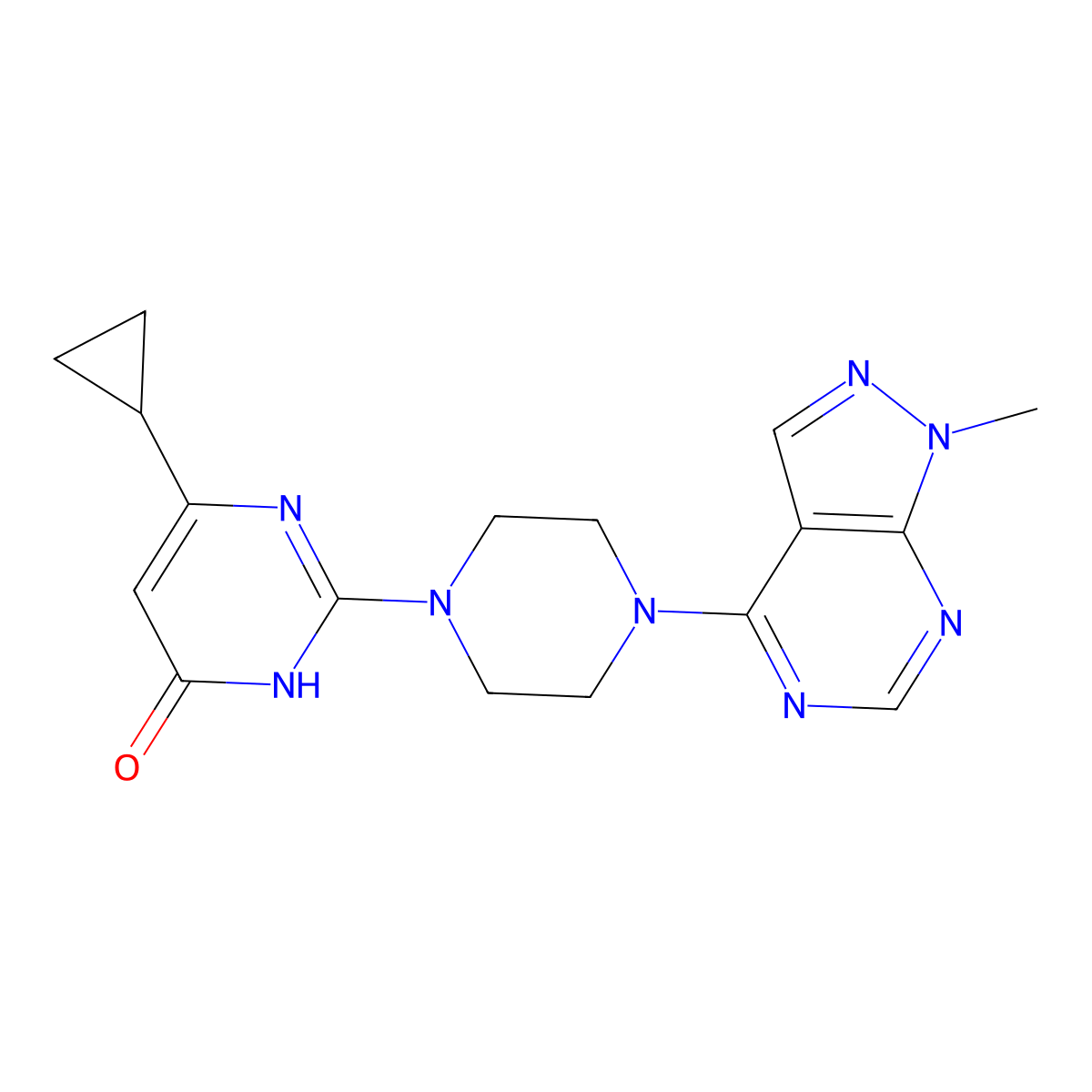 6-cyclopropyl-2-(4-{1-methyl-1H-pyrazolo[3,4-d]pyrimidin-4-yl}piperazin-1-yl)-3,4-dihydropyrimidin-4-one molecular structure, CAS 2770604-30-1