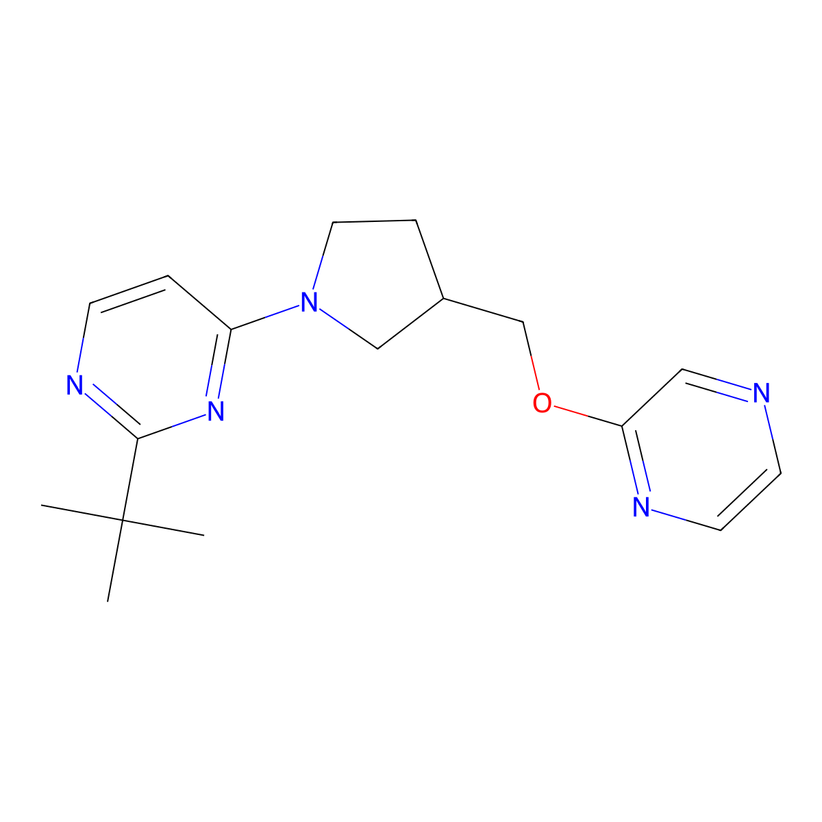 2-Tert-butyl-4-{3-[(pyrazin-2-yloxy)methyl]pyrrolidin-1-yl}pyrimidine molecular structure, CAS 2770604-32-3