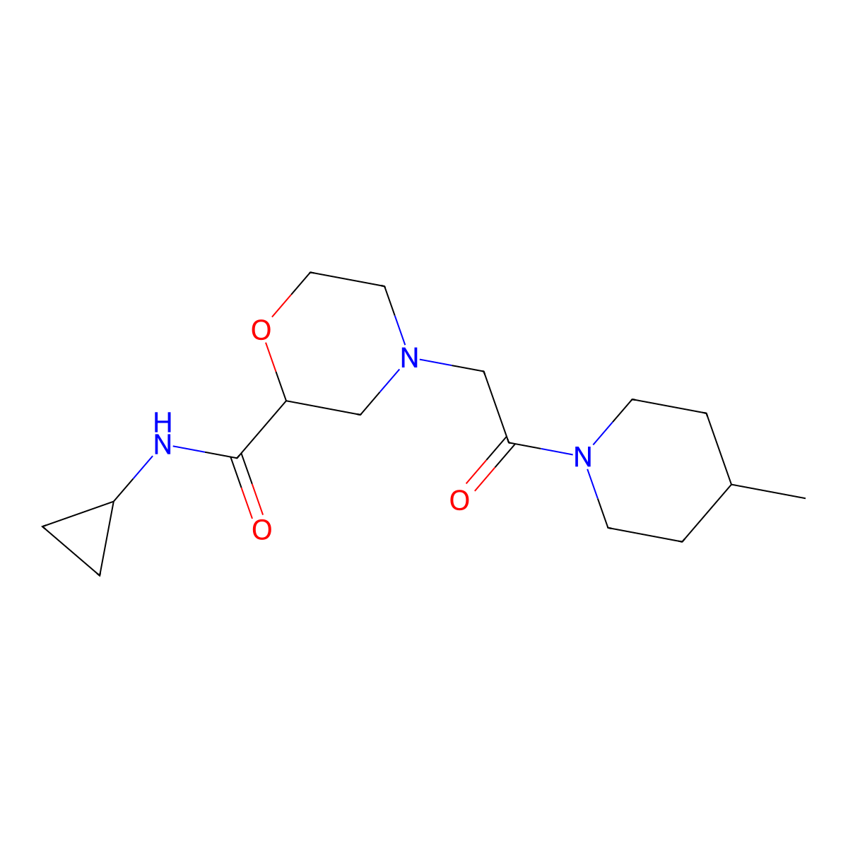 N-cyclopropyl-4-[2-(4-methylpiperidin-1-yl)-2-oxoethyl]morpholine-2-carboxamide molecular structure, CAS 2770604-39-0