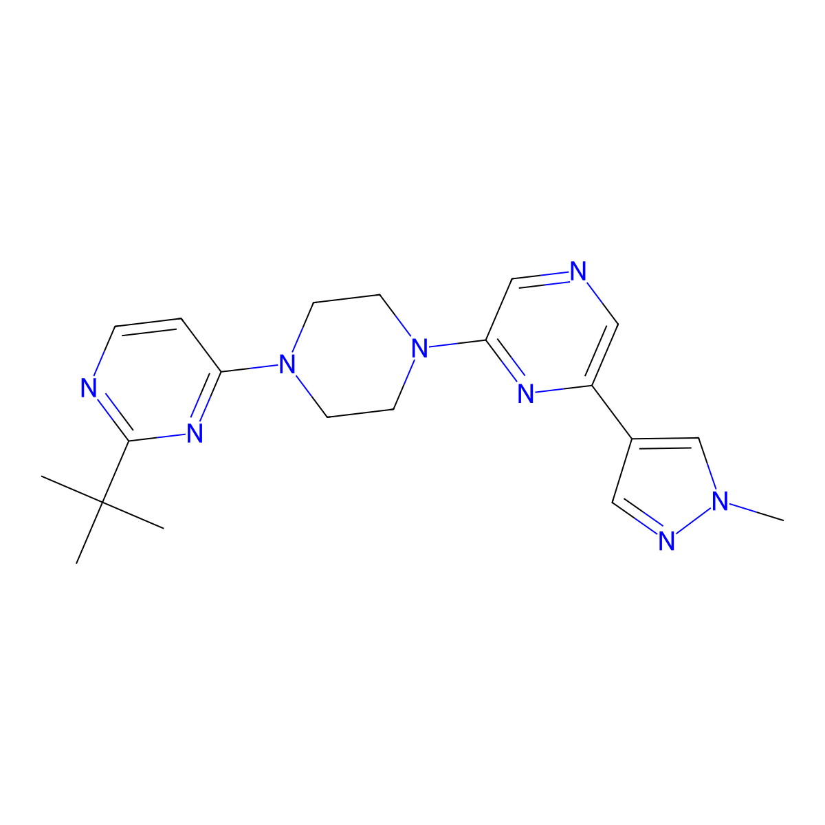 2-[4-(2-tert-butylpyrimidin-4-yl)piperazin-1-yl]-6-(1-methyl-1H-pyrazol-4-yl)pyrazine molecular structure, CAS 2770604-55-0