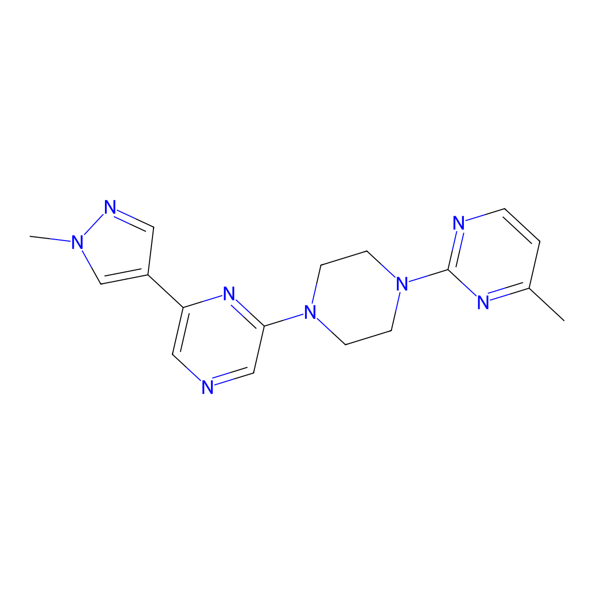 2-(1-methyl-1H-pyrazol-4-yl)-6-[4-(4-methylpyrimidin-2-yl)piperazin-1-yl]pyrazine molecular structure, CAS 2770604-80-1