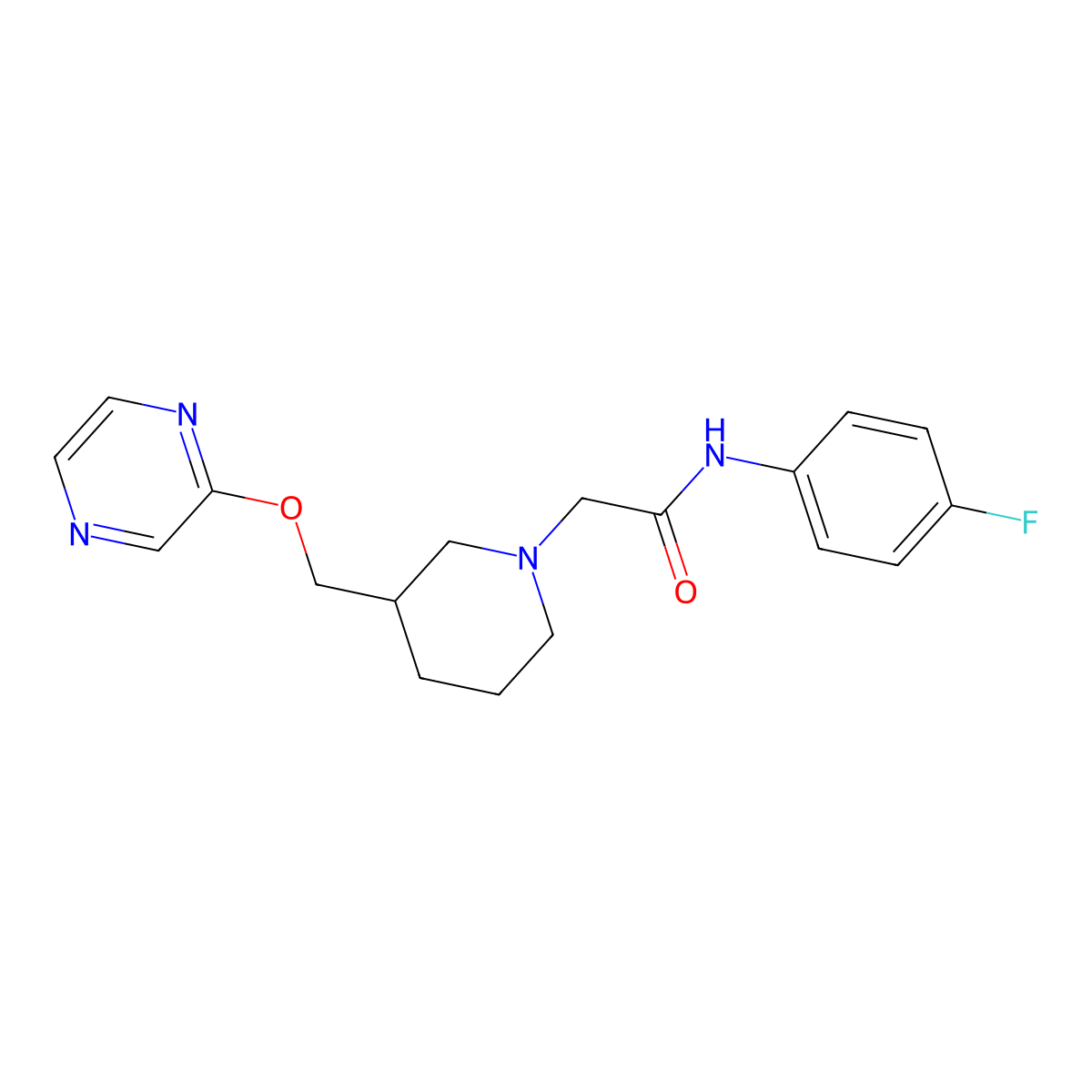 N-(4-fluorophenyl)-2-{3-[(pyrazin-2-yloxy)methyl]piperidin-1-yl}acetamide molecular structure, CAS 2770604-83-4