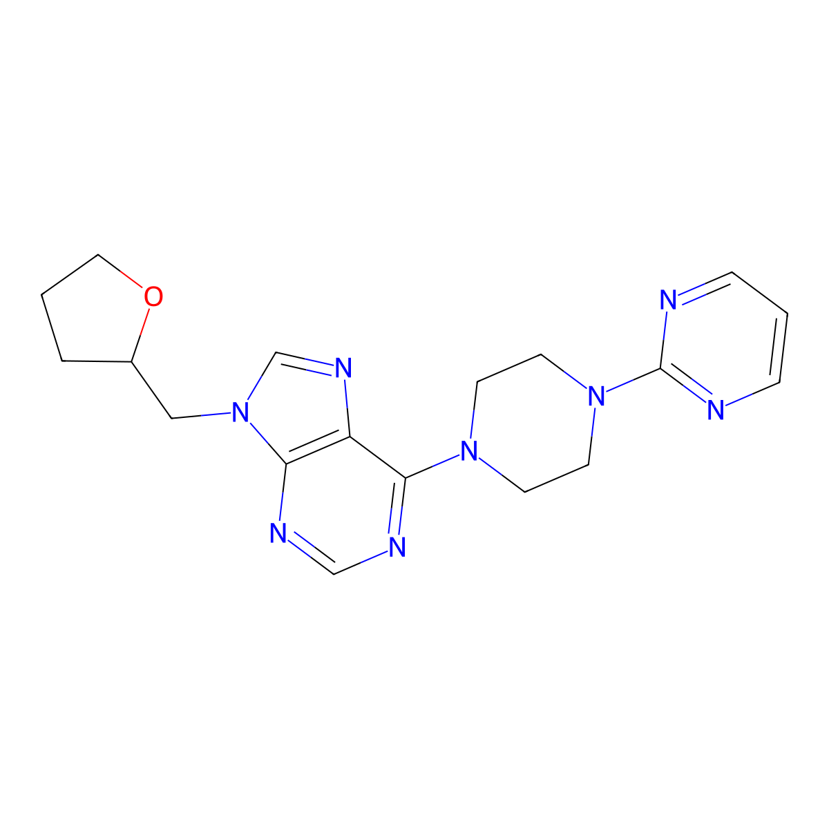 9-[(oxolan-2-yl)methyl]-6-[4-(pyrimidin-2-yl)piperazin-1-yl]-9H-purine molecular structure, CAS 2770604-99-2