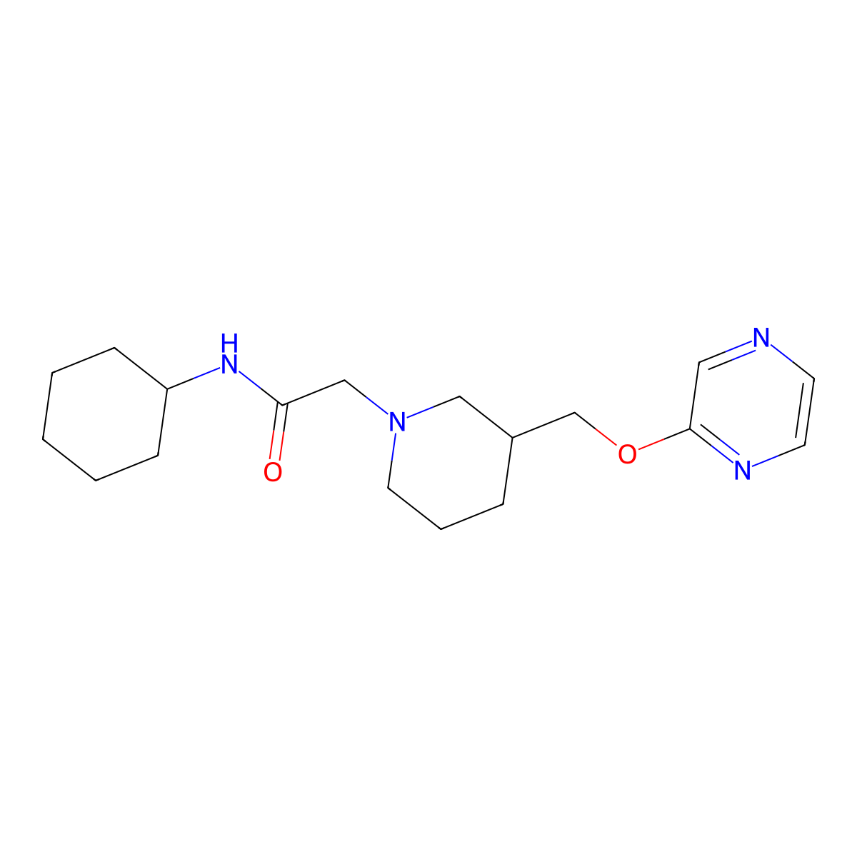 N-cyclohexyl-2-{3-[(pyrazin-2-yloxy)methyl]piperidin-1-yl}acetamide molecular structure, CAS 2770605-01-9