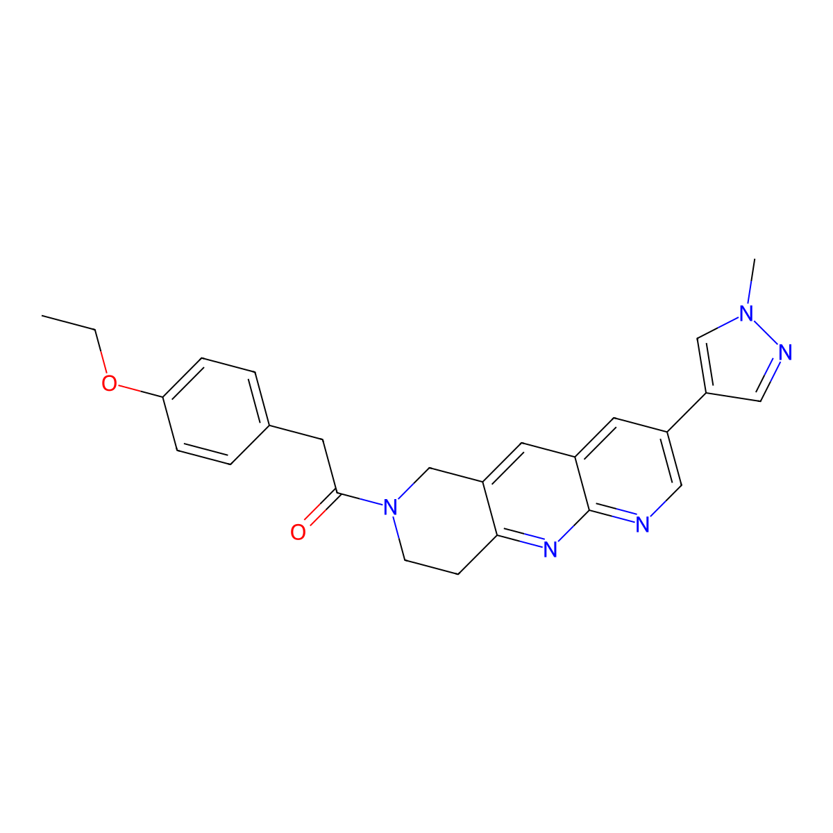 2-(4-ethoxyphenyl)-1-[3-(1-methyl-1H-pyrazol-4-yl)-6H,7H,8H,9H-pyrido[2,3-b]1,6-naphthyridin-7-yl]ethan-1-one molecular structure, CAS 2770605-04-2
